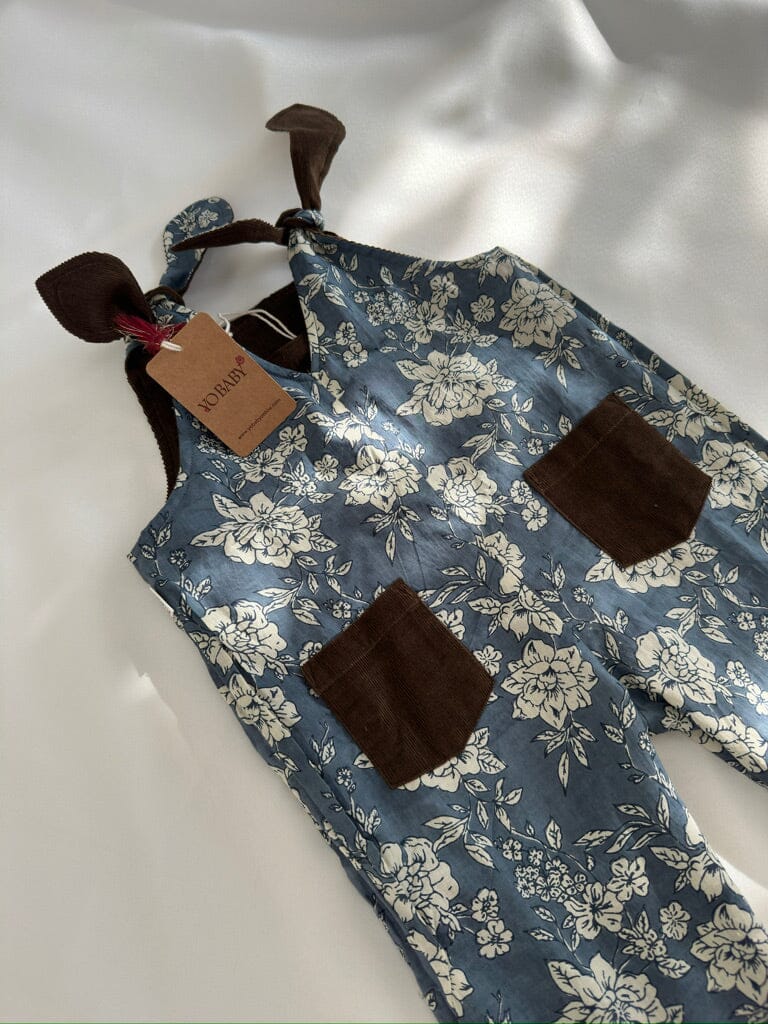 Reversible Solid Brown Corduroy & Grey Floral Printed Jumpsuit Jump Suit Yo Baby India