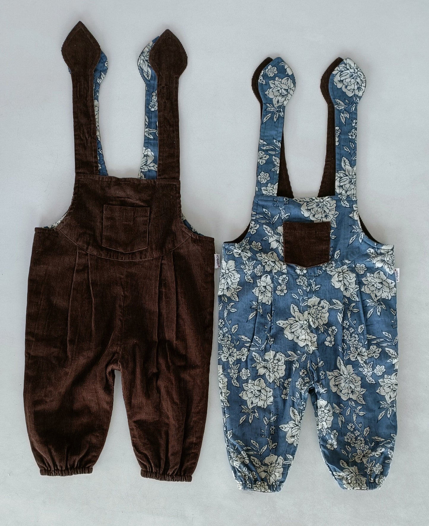Reversible Solid Brown Corduroy & Grey Floral Printed Jumpsuit Jump Suit Yo Baby India