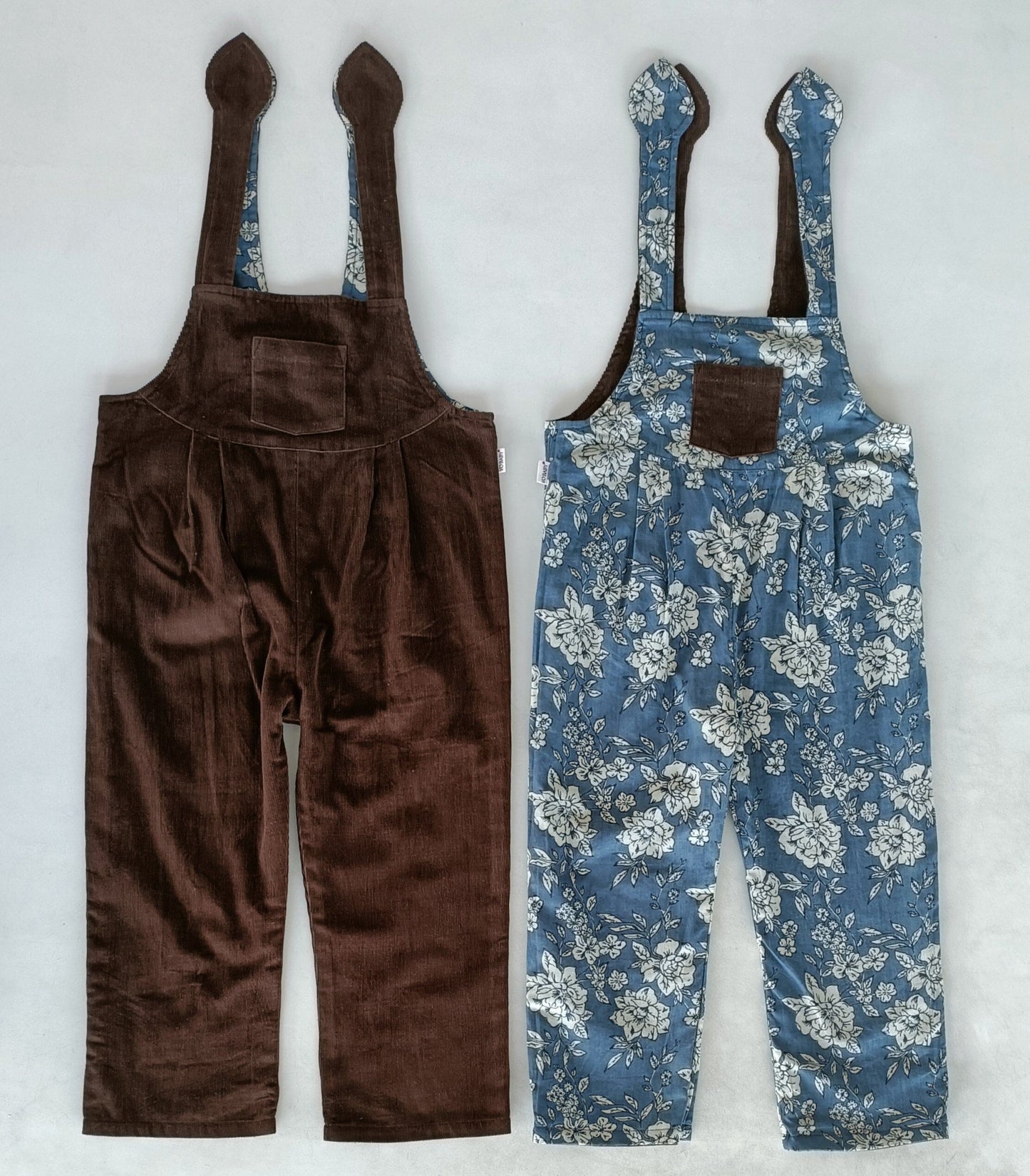 Reversible Solid Brown Corduroy & Grey Floral Printed Jumpsuit Jump Suit Yo Baby India