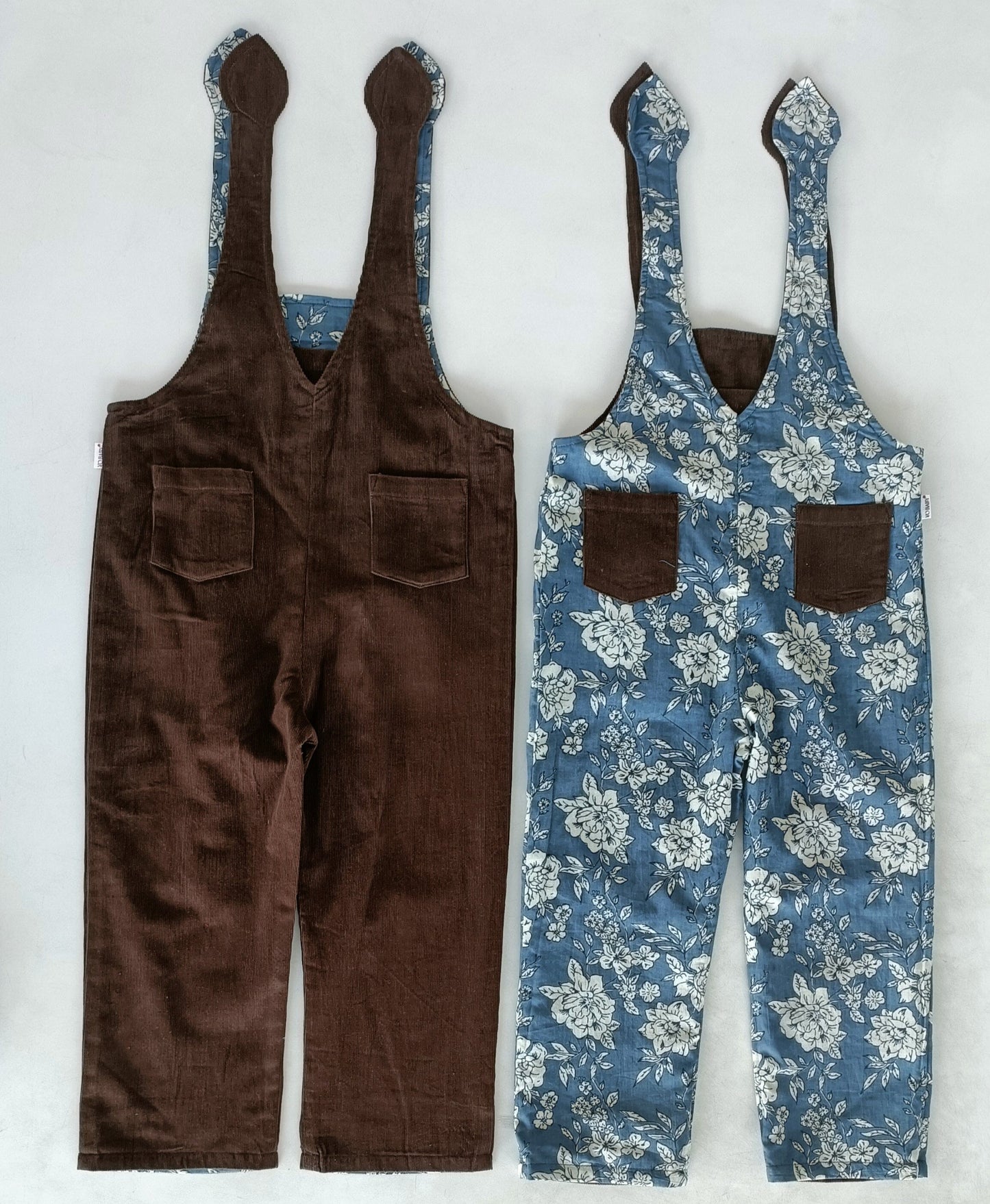 Reversible Solid Brown Corduroy & Grey Floral Printed Jumpsuit Jump Suit Yo Baby India