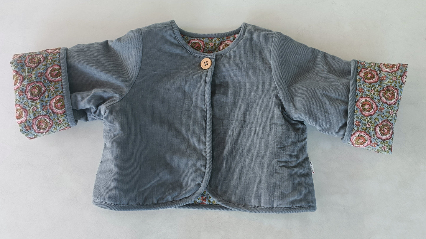 Reversible Solid Grey Corduroy & Grey Floral Print Quilted Long Sleeve Jacket jacket Yo Baby Online