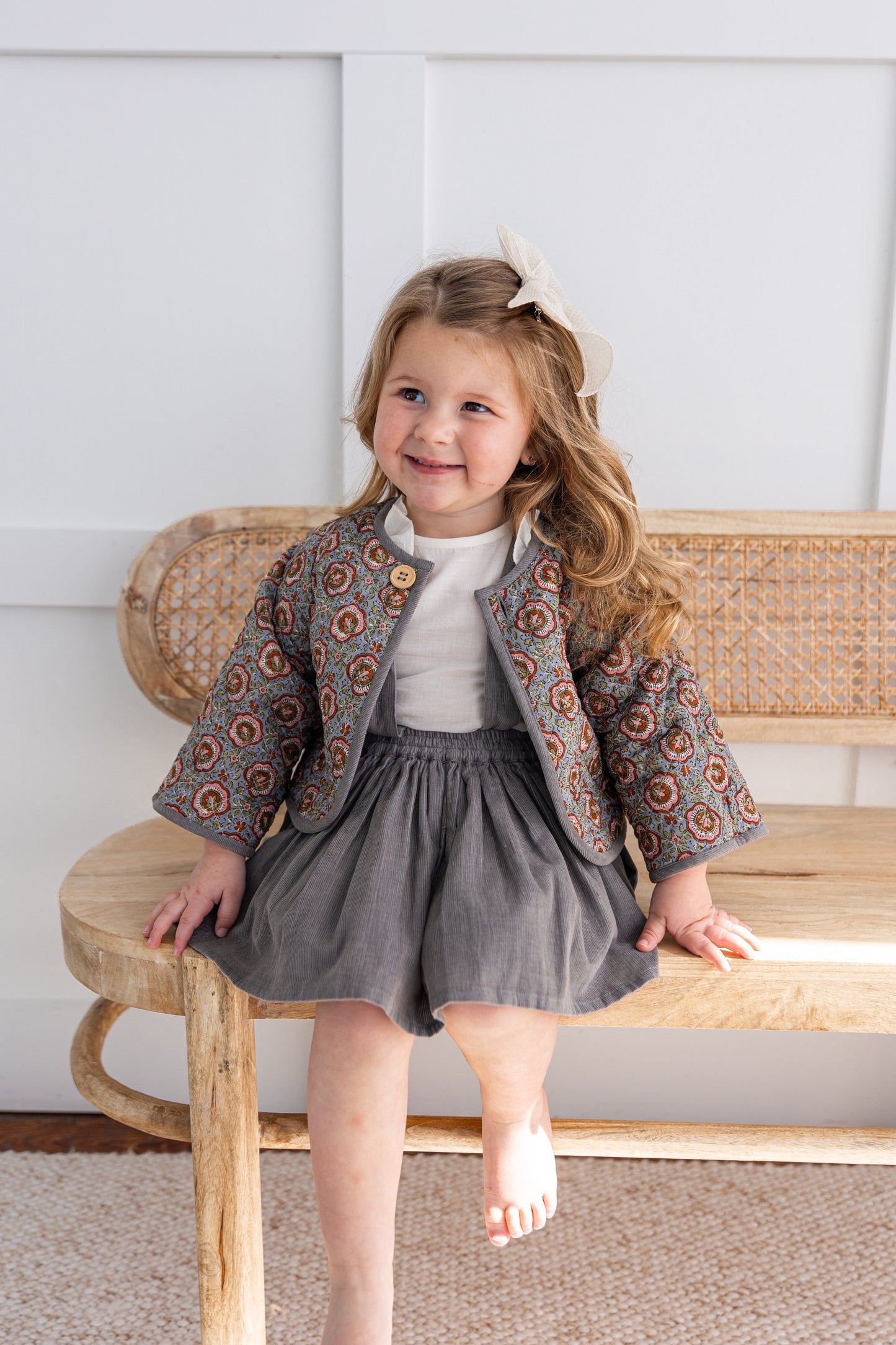 Reversible Solid Grey Corduroy & Grey Floral Print Quilted Long Sleeve Jacket jacket Yo Baby Online