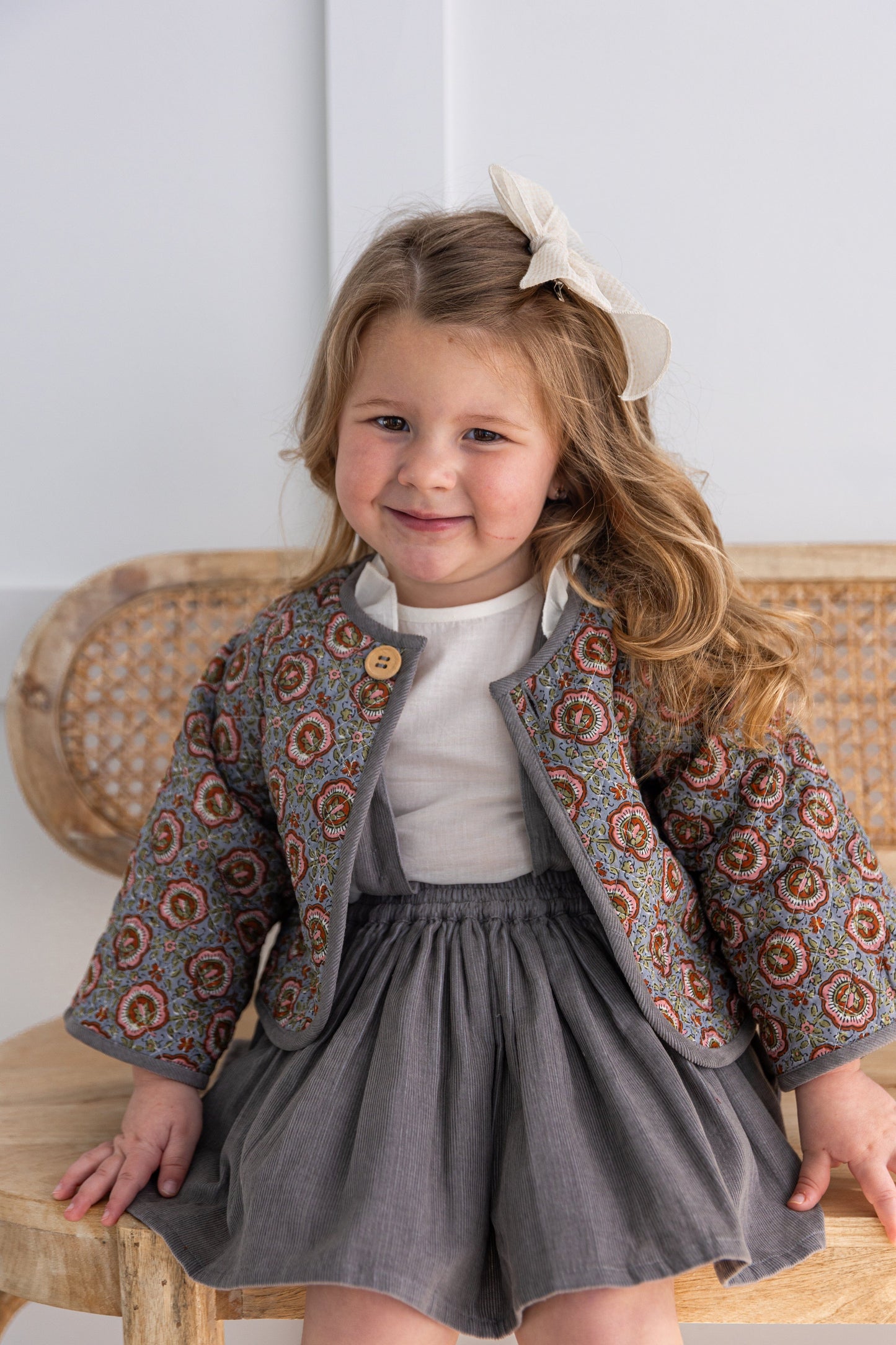 Reversible Solid Grey Corduroy & Grey Floral Print Quilted Long Sleeve Jacket jacket Yo Baby Online