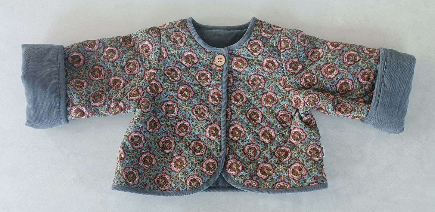 Reversible Solid Grey Corduroy & Grey Floral Print Quilted Long Sleeve Jacket jacket Yo Baby Online