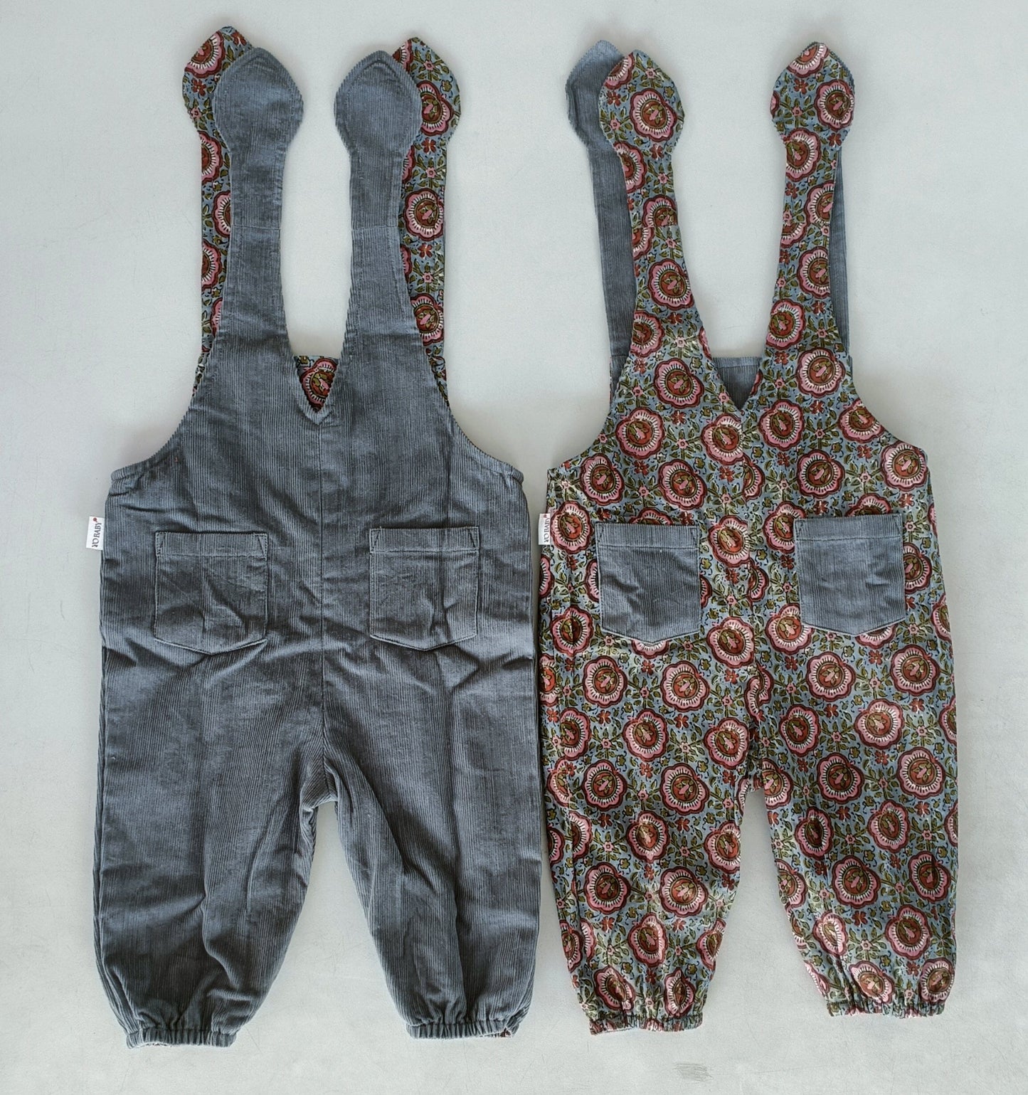 Reversible Solid Grey Corduroy & Grey Floral Printed Jumpsuit Jump Suit Yo Baby India