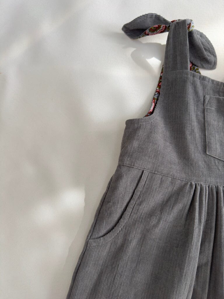 Reversible Solid Grey Corduroy & Grey Floral Printed Ruffle Dress dress & diaper cover DRESS Yo Baby India