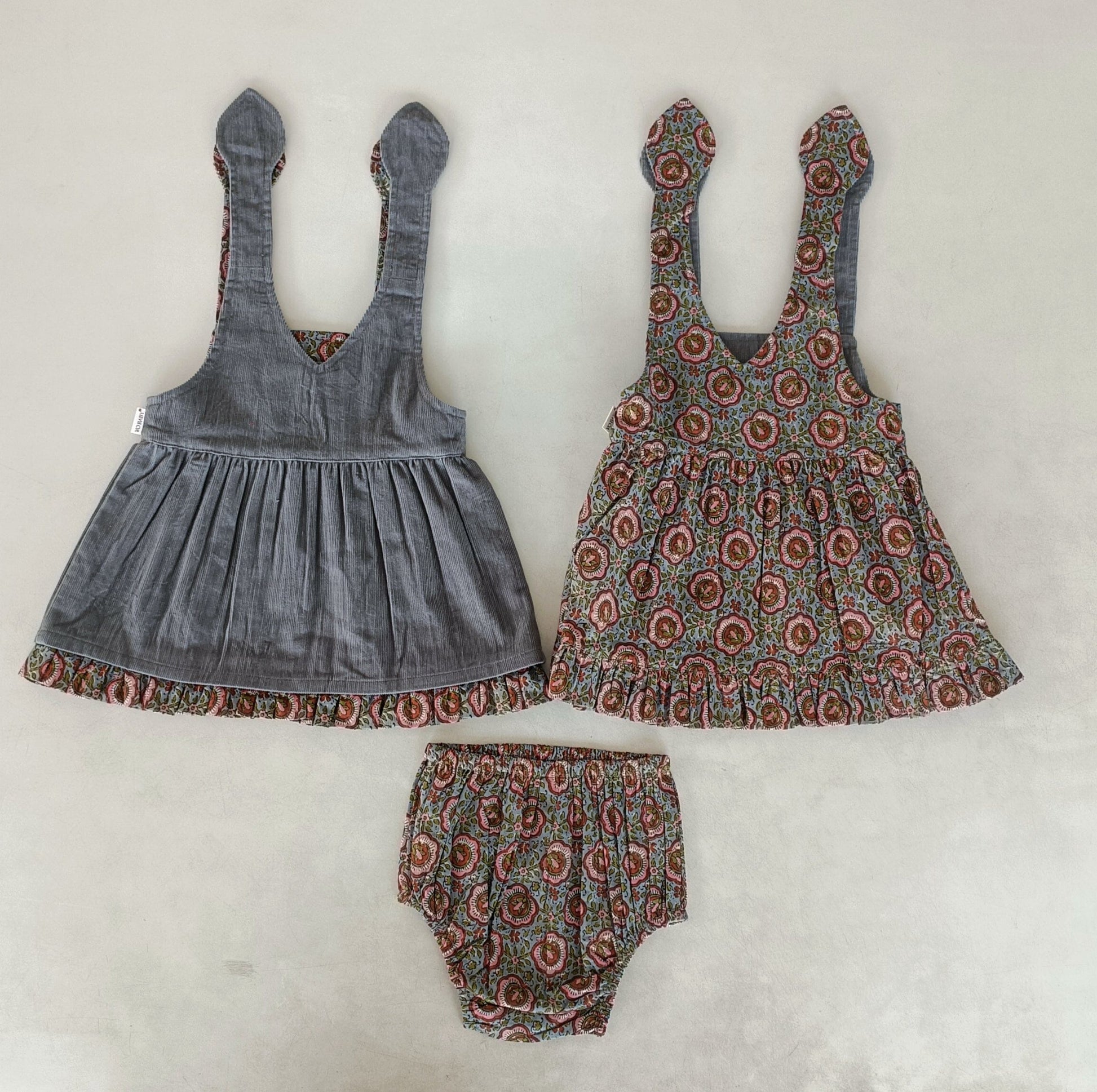 Reversible Solid Grey Corduroy & Grey Floral Printed Ruffle Dress dress & diaper cover DRESS Yo Baby India