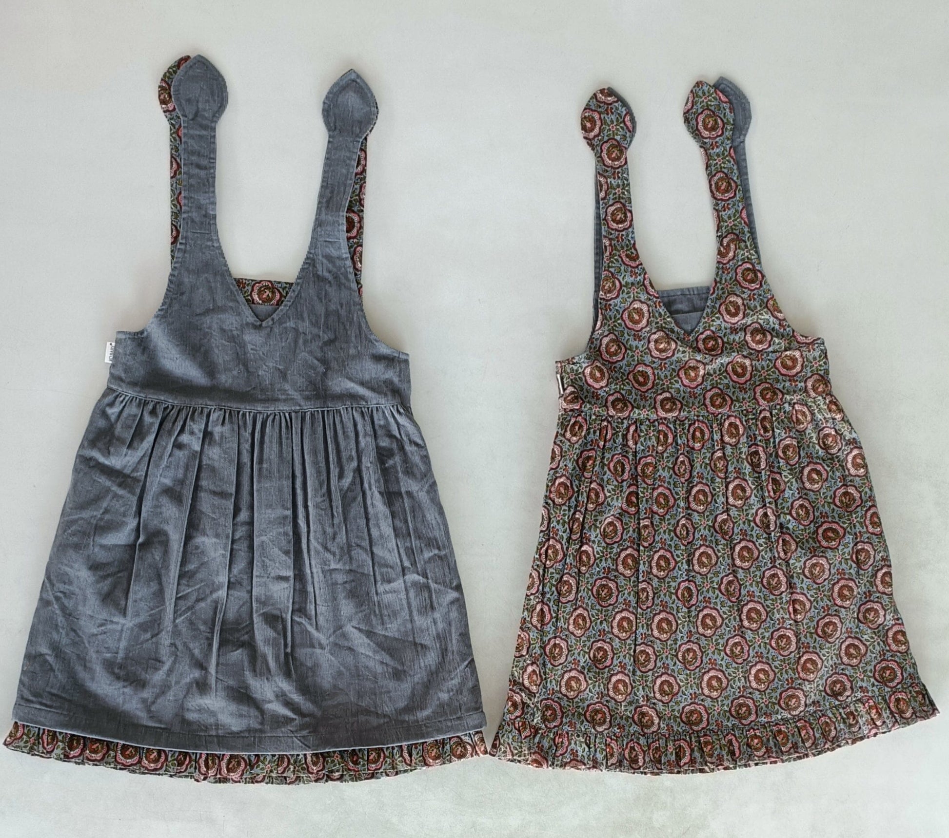 Reversible Solid Grey Corduroy & Grey Floral Printed Ruffle Dress dress & diaper cover DRESS Yo Baby India
