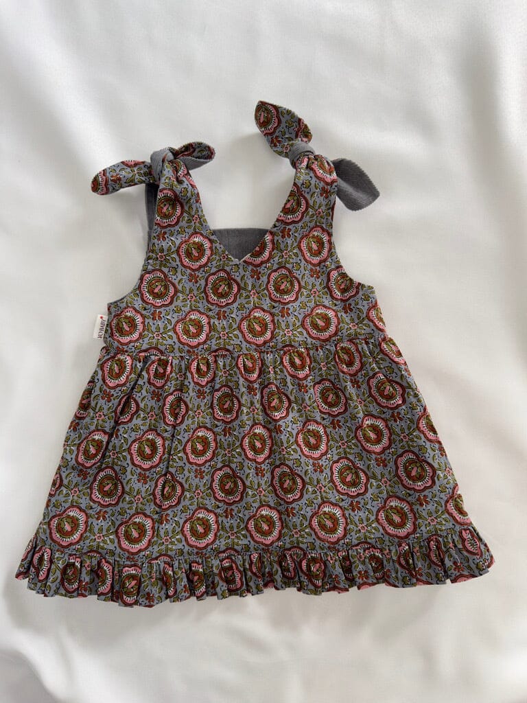 Reversible Solid Grey Corduroy & Grey Floral Printed Ruffle Dress dress & diaper cover DRESS Yo Baby India
