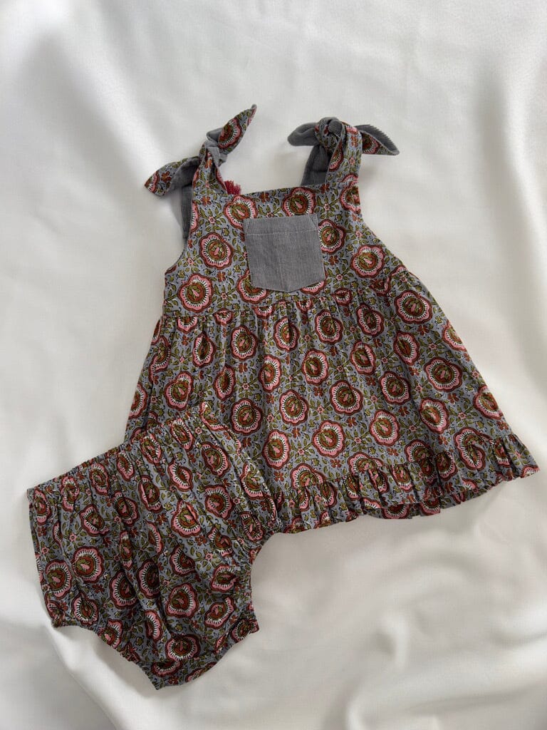 Reversible Solid Grey Corduroy & Grey Floral Printed Ruffle Dress dress & diaper cover DRESS Yo Baby India