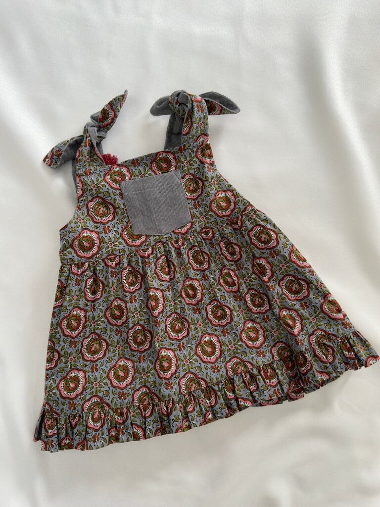Reversible Solid Grey Corduroy & Grey Floral Printed Ruffle Dress dress & diaper cover DRESS Yo Baby India