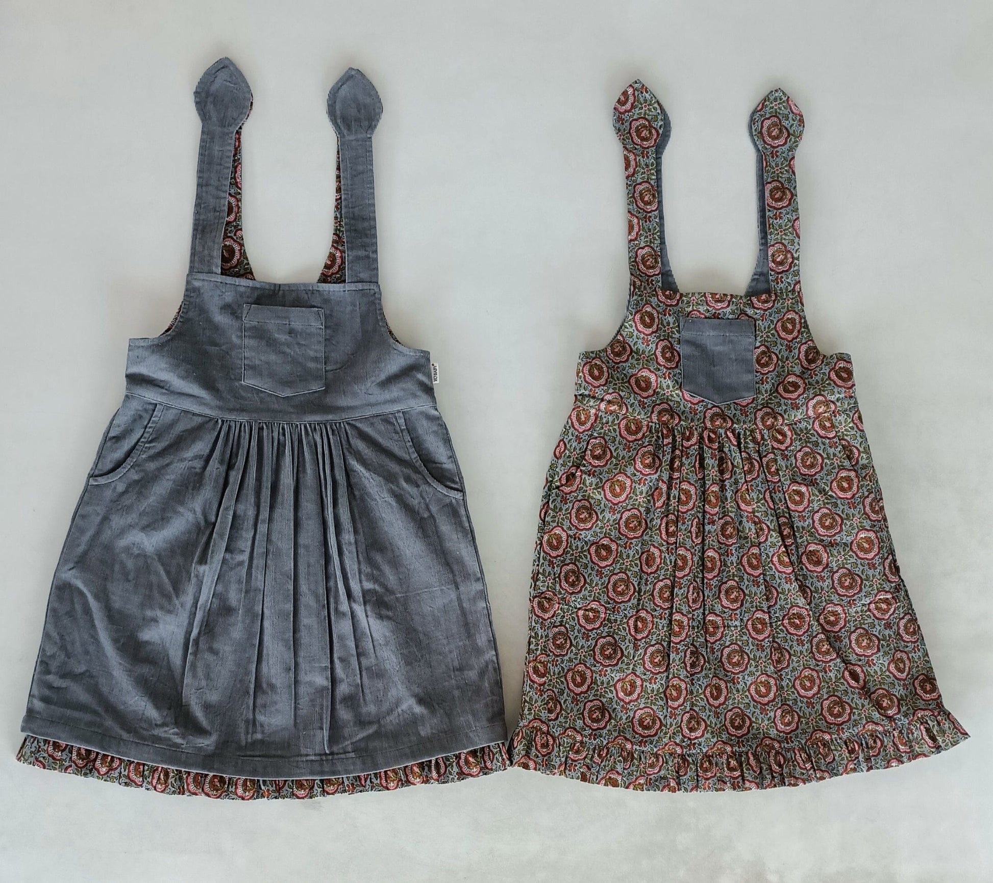 Reversible Solid Grey Corduroy & Grey Floral Printed Ruffle Dress dress & diaper cover DRESS Yo Baby India