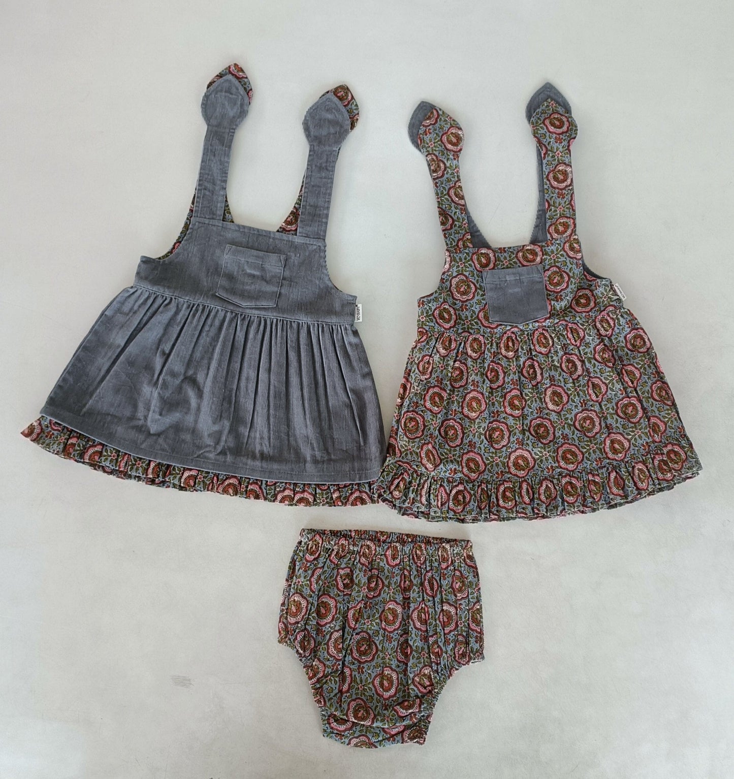 Reversible Solid Grey Corduroy & Grey Floral Printed Ruffle Dress dress & diaper cover DRESS Yo Baby India