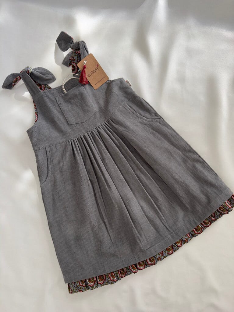 Reversible Solid Grey Corduroy & Grey Floral Printed Ruffle Dress dress & diaper cover DRESS Yo Baby India