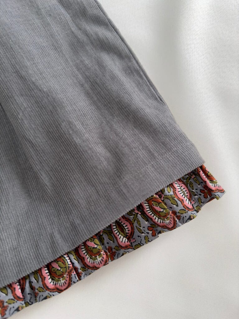 Reversible Solid Grey Corduroy & Grey Floral Printed Ruffle Dress dress & diaper cover DRESS Yo Baby India