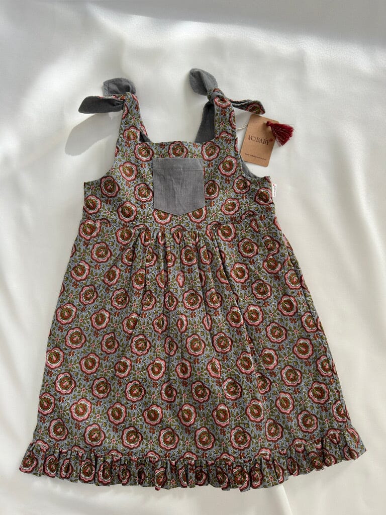 Reversible Solid Grey Corduroy & Grey Floral Printed Ruffle Dress dress & diaper cover DRESS Yo Baby India