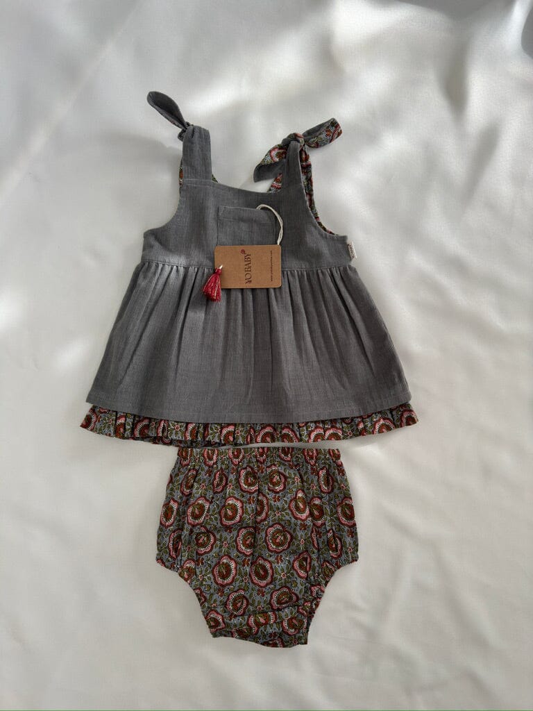 Reversible Solid Grey Corduroy & Grey Floral Printed Ruffle Dress dress & diaper cover DRESS Yo Baby India