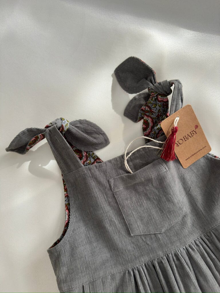 Reversible Solid Grey Corduroy & Grey Floral Printed Ruffle Dress dress & diaper cover DRESS Yo Baby India