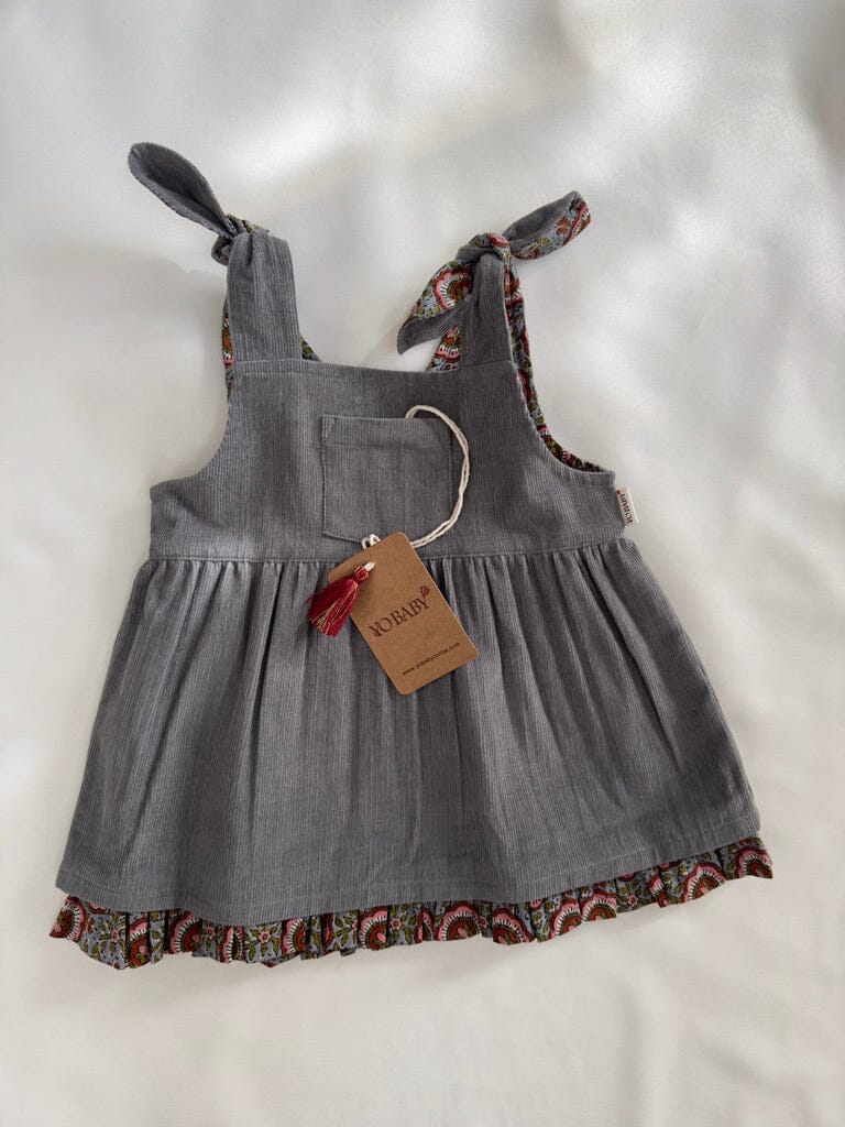 Reversible Solid Grey Corduroy & Grey Floral Printed Ruffle Dress dress & diaper cover DRESS Yo Baby India