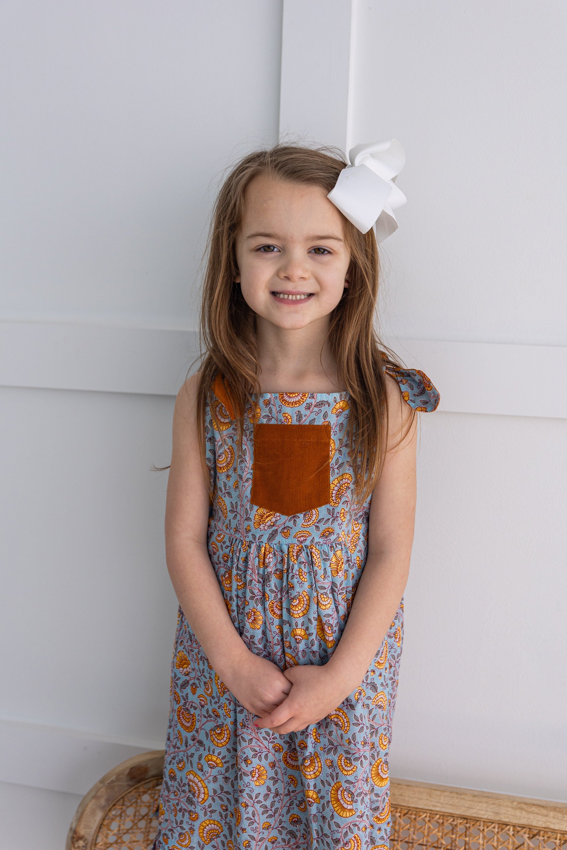 Reversible Solid Rust Corduroy & Rust Floral Printed Ruffle Dress DRESS Yo Baby India