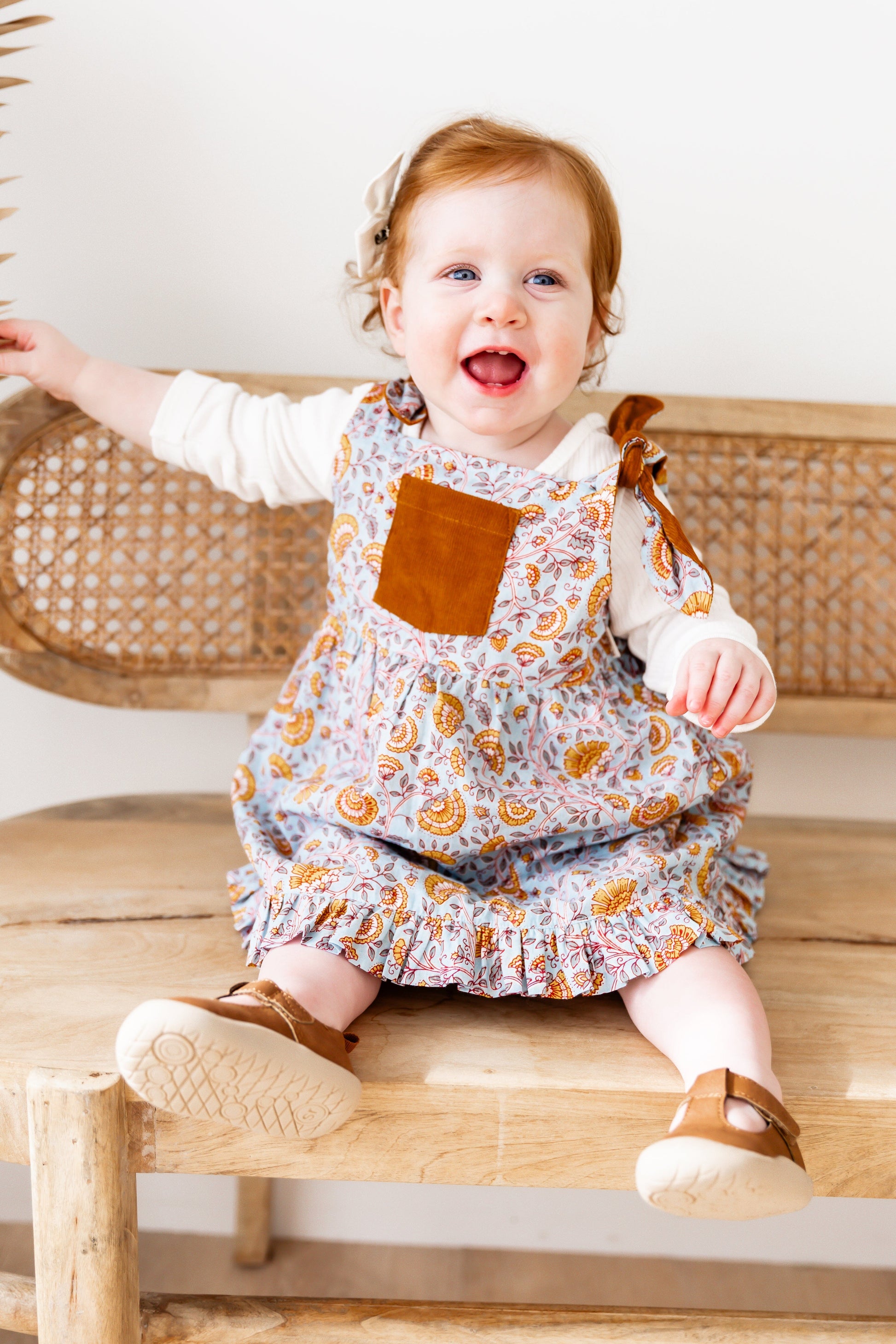 Reversible Solid Rust Corduroy & Rust Floral Printed Ruffle Dress DRESS Yo Baby India