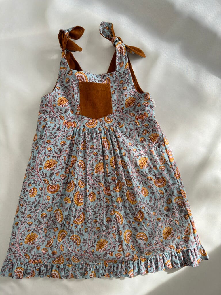 Reversible Solid Rust Corduroy & Rust Floral Printed Ruffle Dress DRESS Yo Baby India
