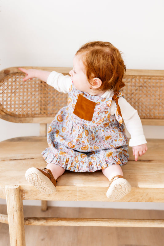 Reversible Solid Rust Corduroy & Rust Floral Printed Ruffle Dress DRESS Yo Baby India