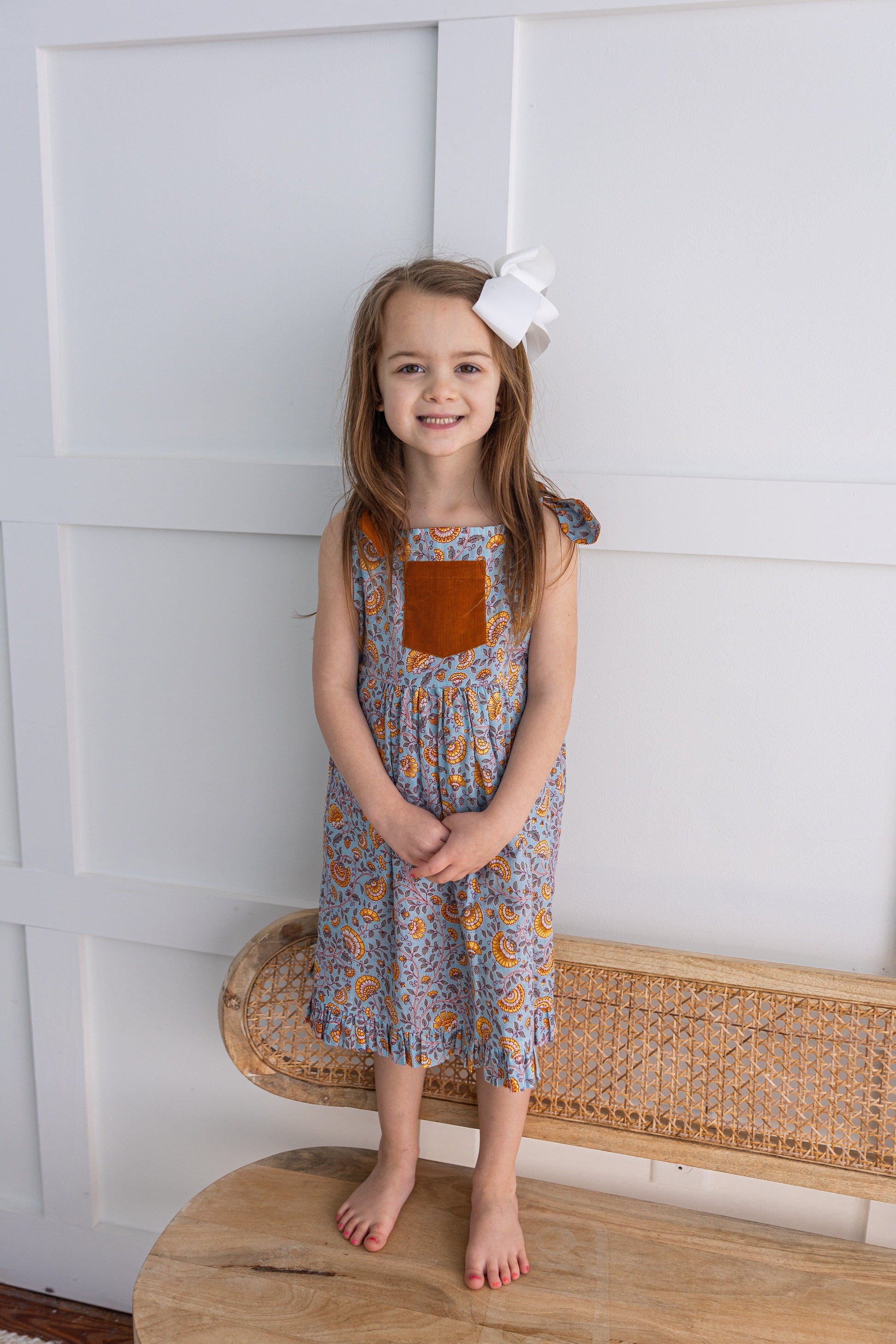 Reversible Solid Rust Corduroy & Rust Floral Printed Ruffle Dress DRESS Yo Baby India