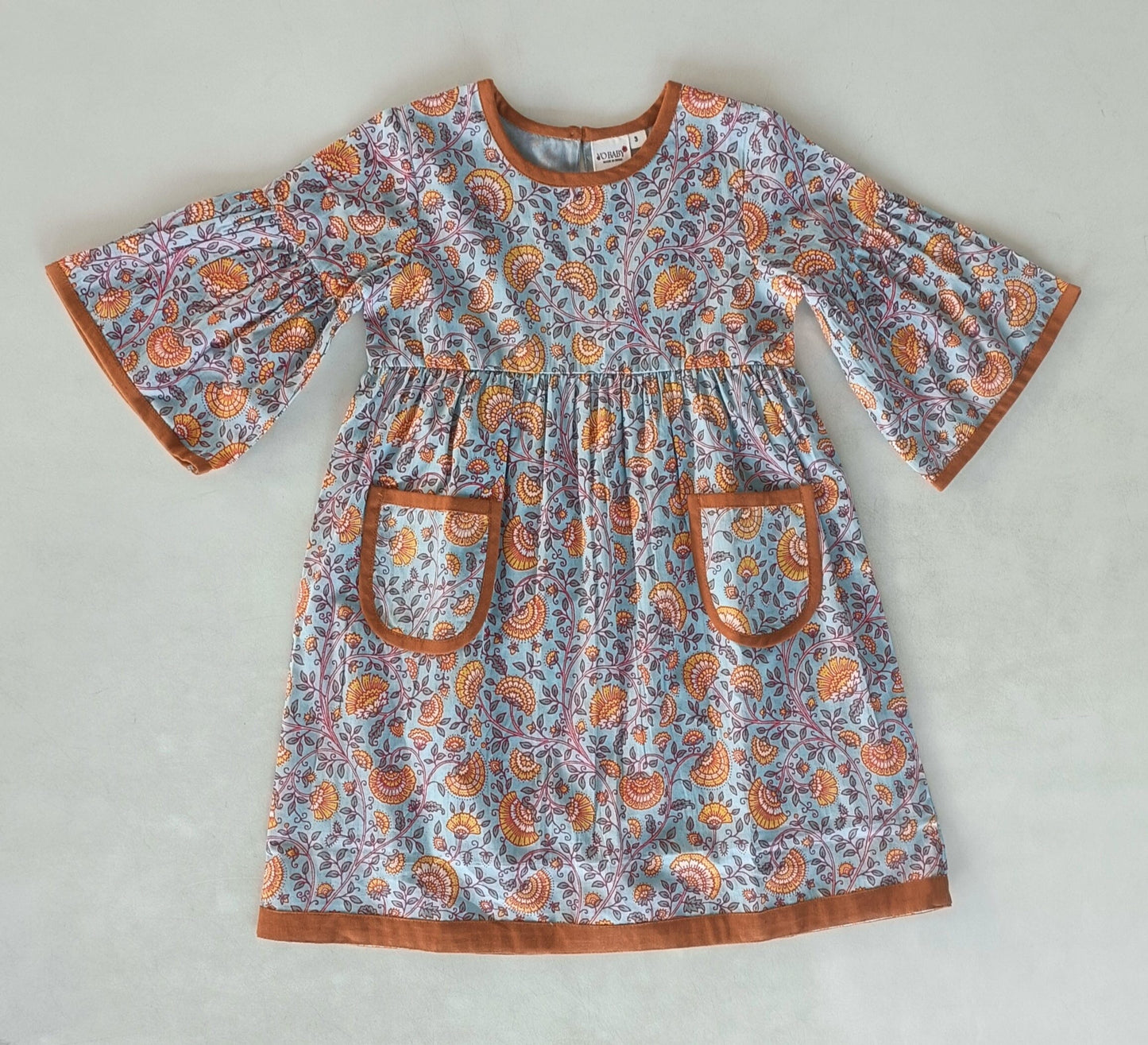 Rust Floral Printed Bell Sleeves Gathered Dress DRESS Yo Baby India