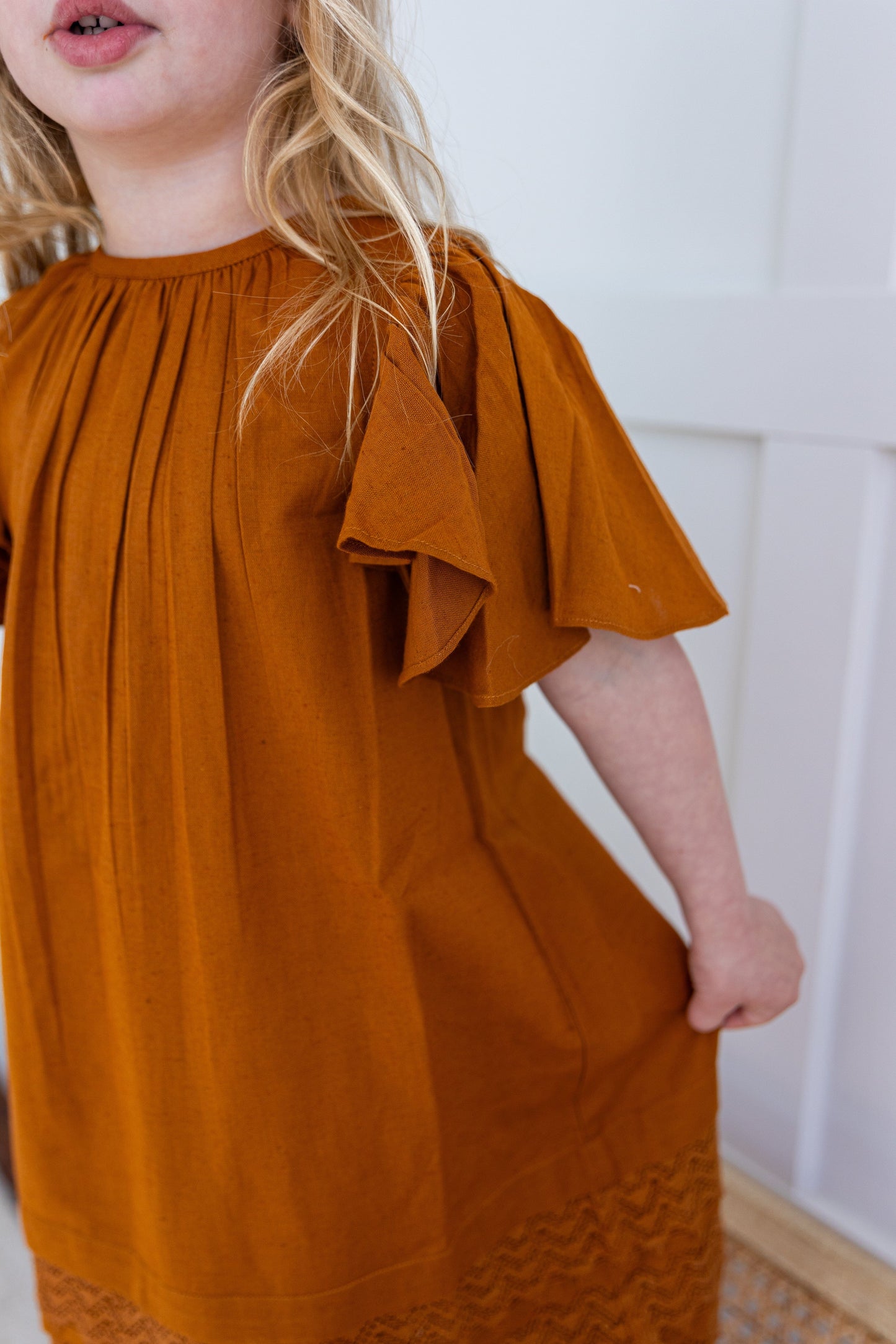 Rust Solid Color Sleeve & Neck Gathered Dress dress & diaper cover DRESS Yo Baby India
