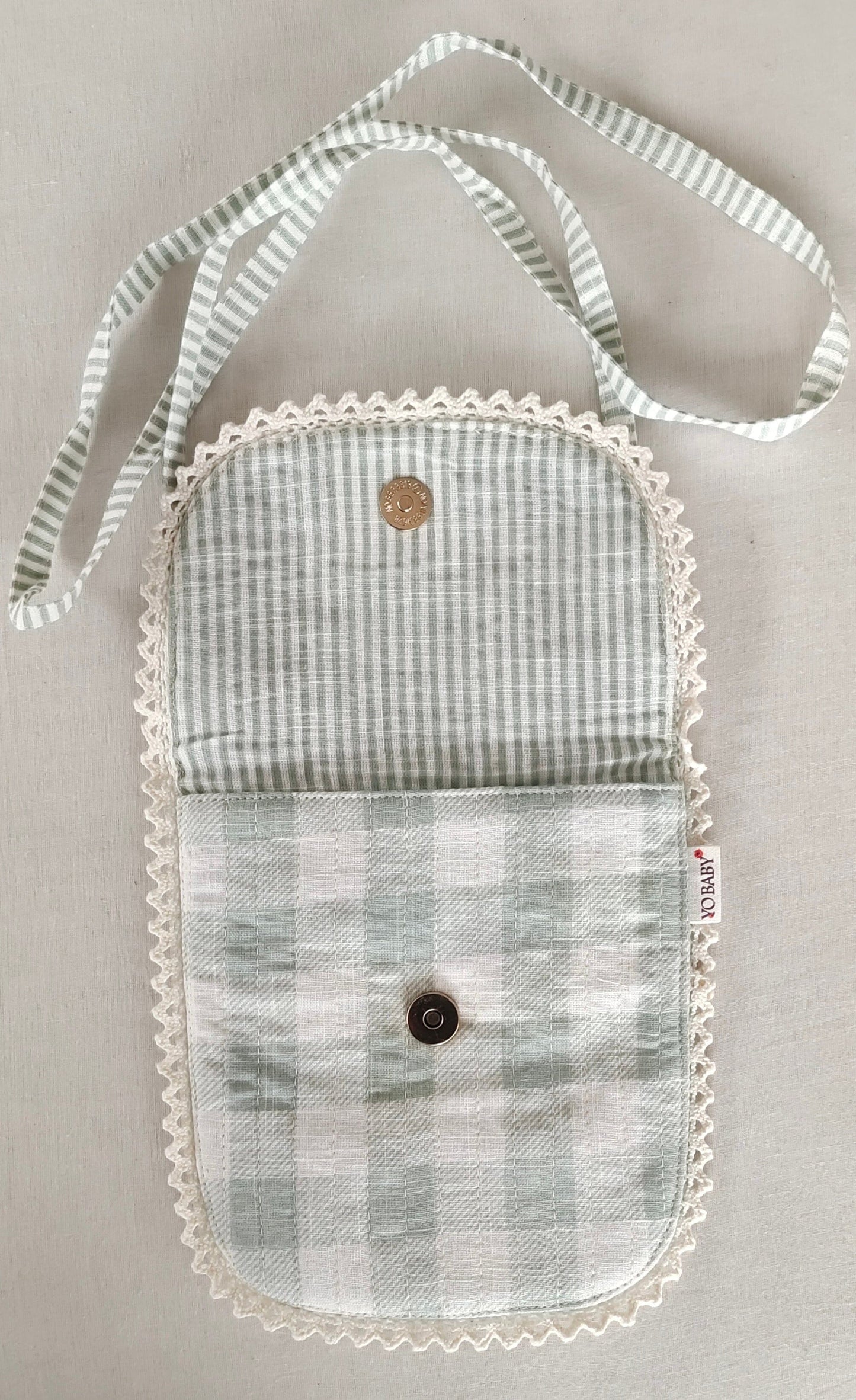 Sage Checks & Stripe Kids' Small Tote Bag with Magnetic Closure and Lace Detailing PURSE Yo Baby India