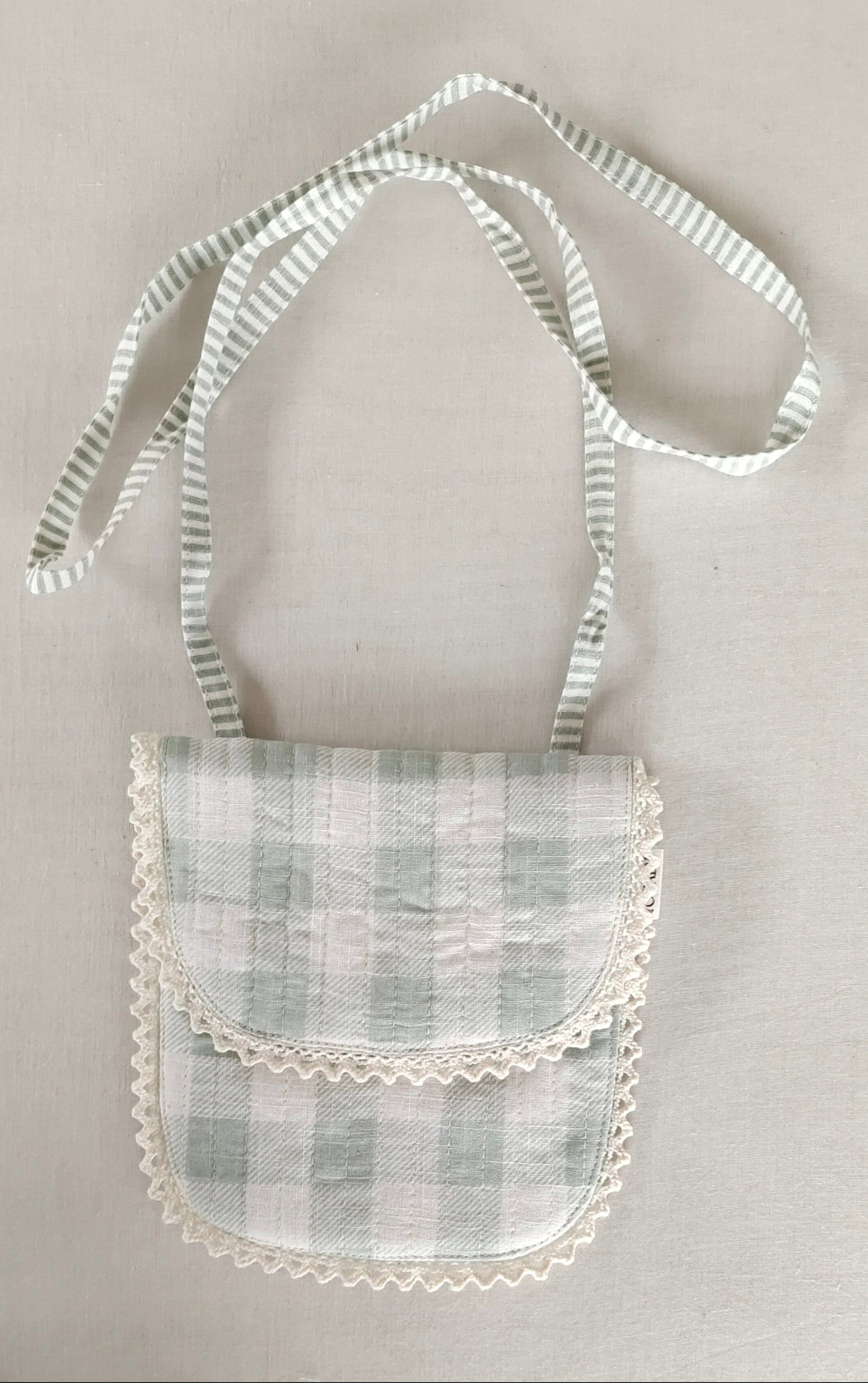 Sage Checks & Stripe Kids' Small Tote Bag with Magnetic Closure and Lace Detailing PURSE Yo Baby India