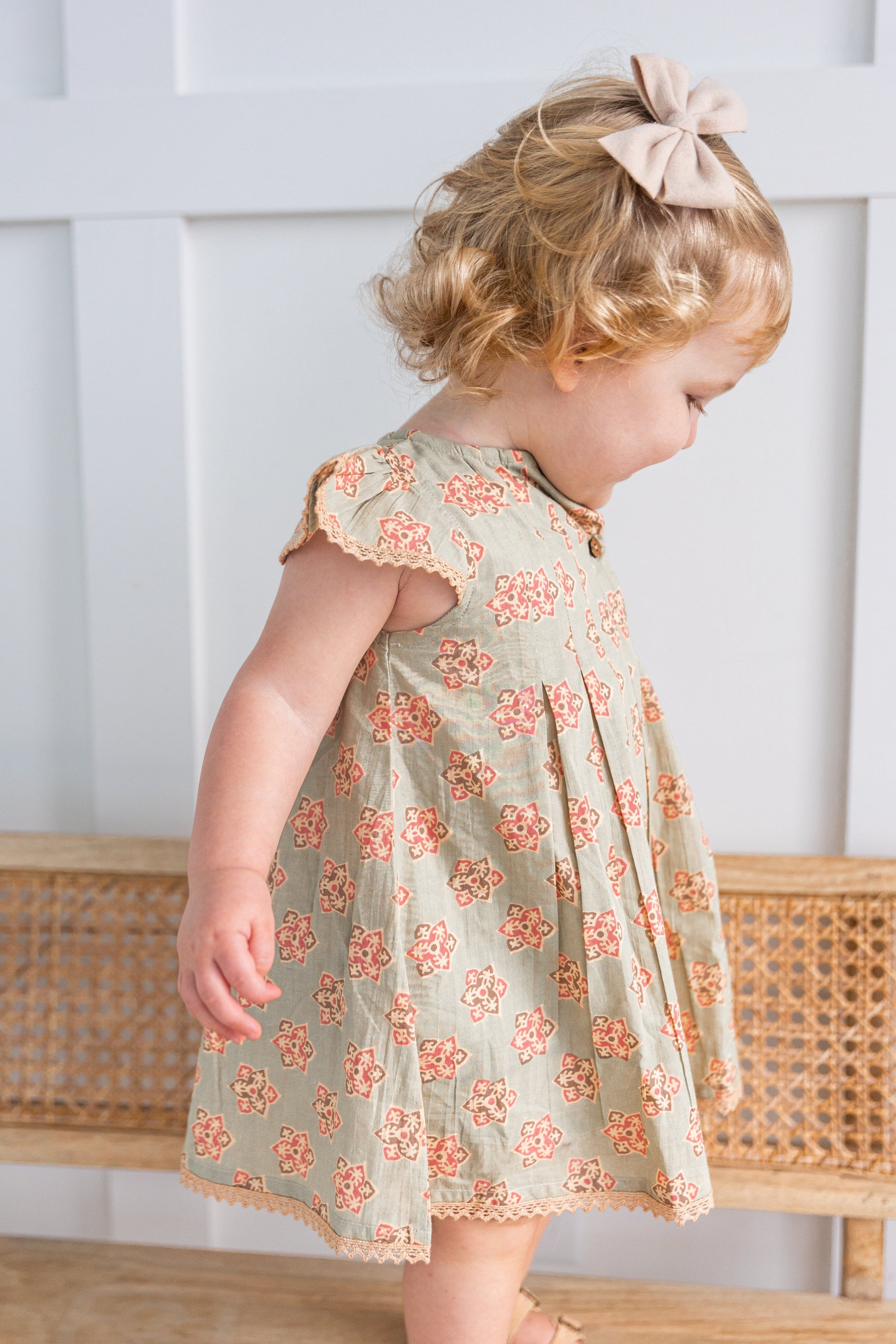 Sage-Green Floral Printed Box Pleat Dress DRESS Yo Baby India