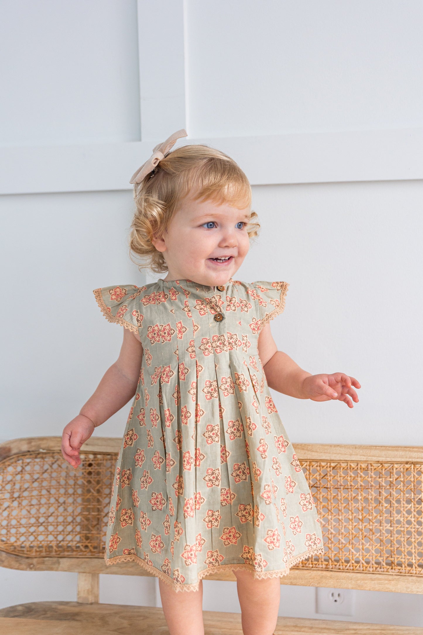 Sage-Green Floral Printed Box Pleat Dress DRESS Yo Baby India