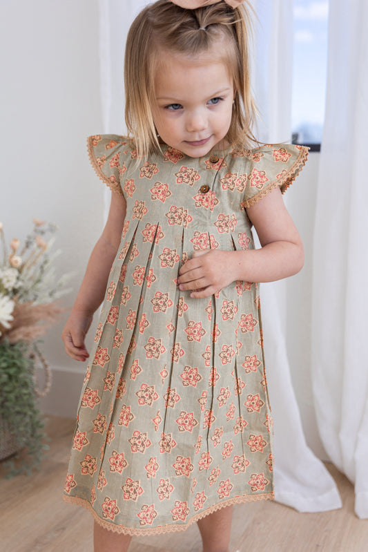 Sage-Green Floral Printed Box Pleat Dress DRESS Yo Baby India
