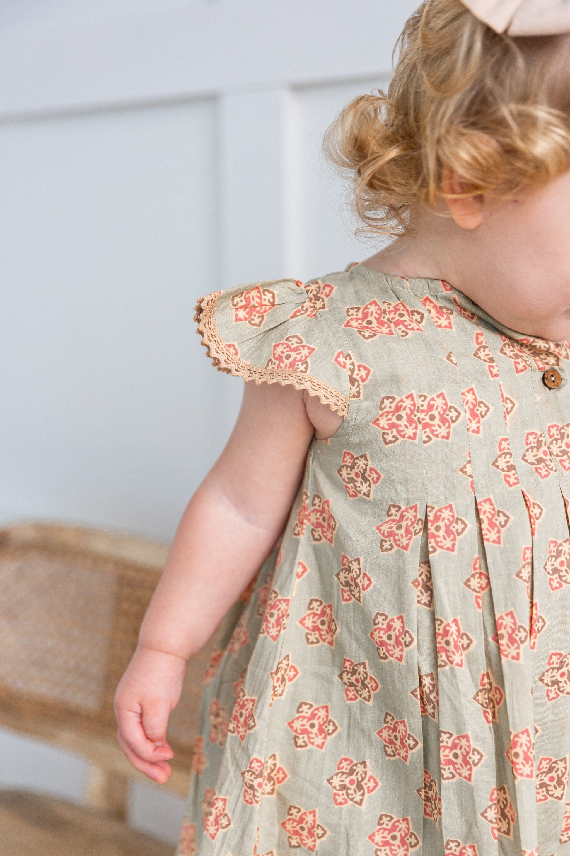 Sage-Green Floral Printed Box Pleat Dress DRESS Yo Baby India