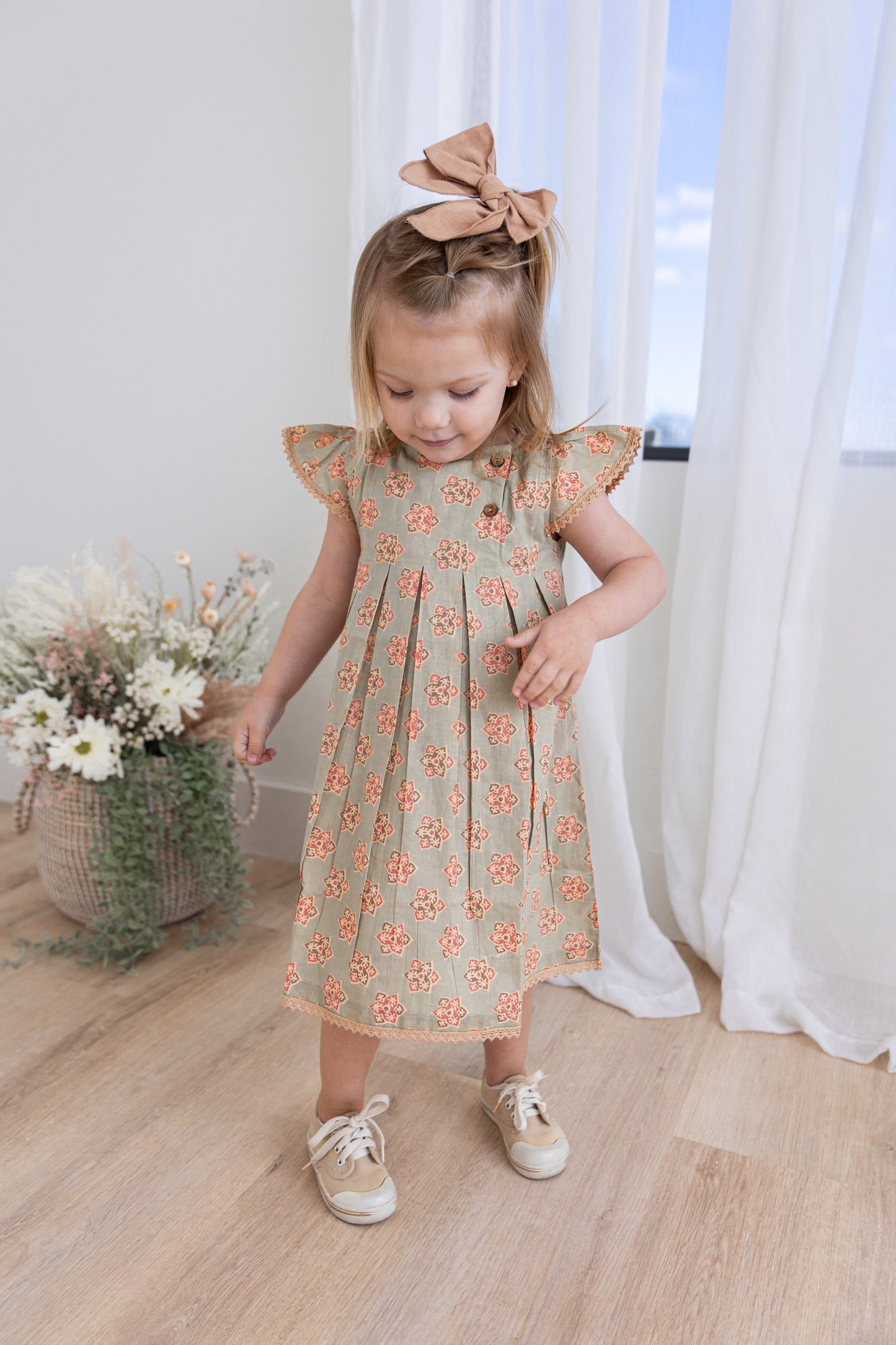 Sage-Green Floral Printed Box Pleat Dress DRESS Yo Baby India