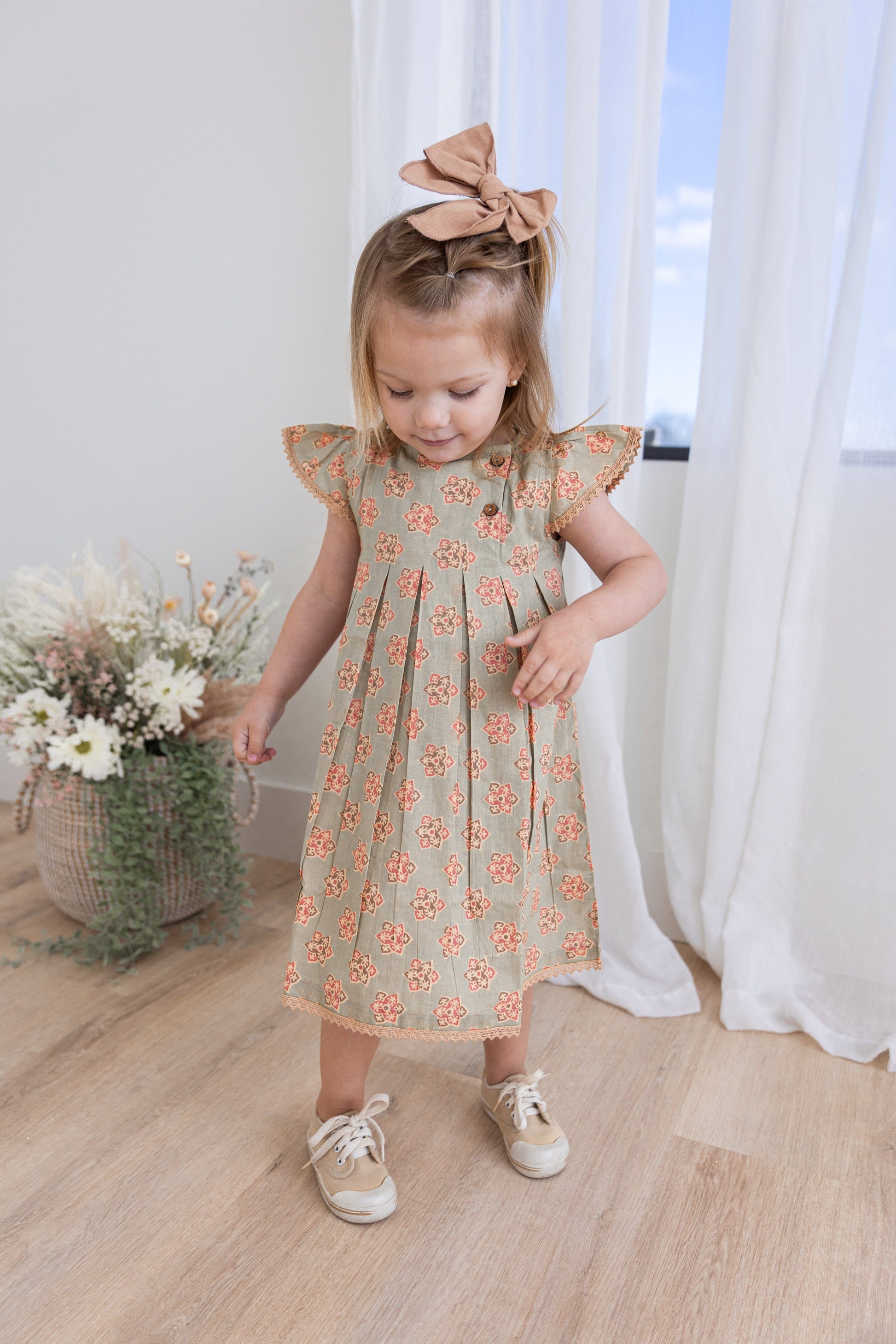 Sage-Green Floral Printed Box Pleat Dress DRESS Yo Baby India