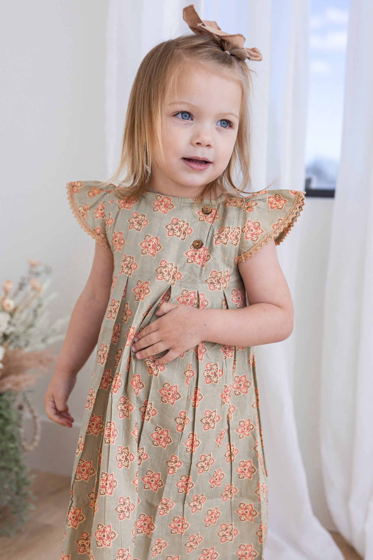 Sage-Green Floral Printed Box Pleat Dress DRESS Yo Baby India