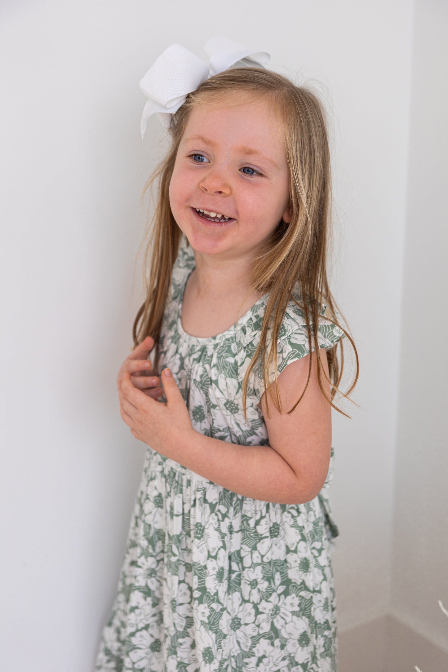 Sage-Green Floral Printed Sleeve & Bottom Ruffle Dress dress & diaper cover Yo Baby India