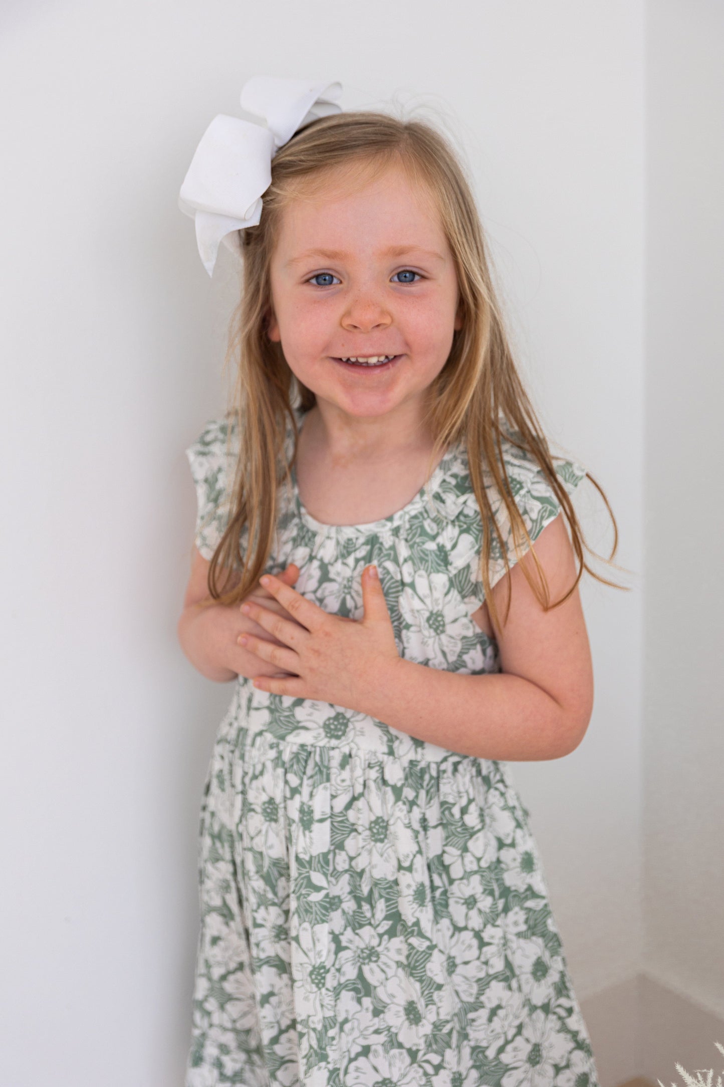 Sage-Green Floral Printed Sleeve & Bottom Ruffle Dress dress & diaper cover Yo Baby India