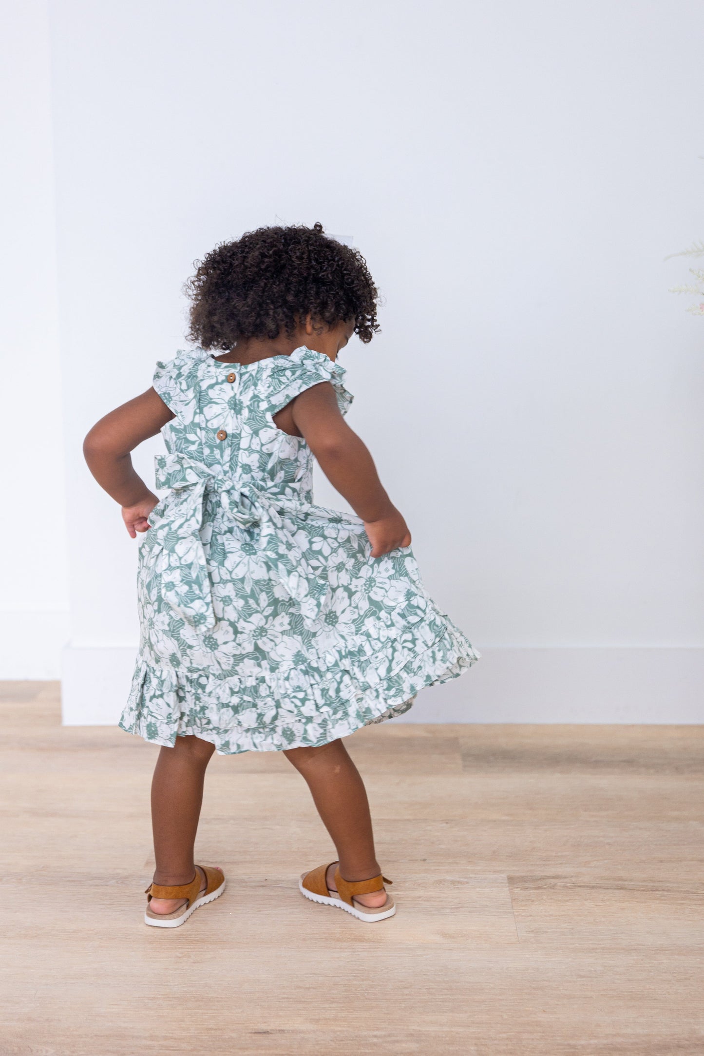 Sage-Green Floral Printed Sleeve & Bottom Ruffle Dress dress & diaper cover Yo Baby India
