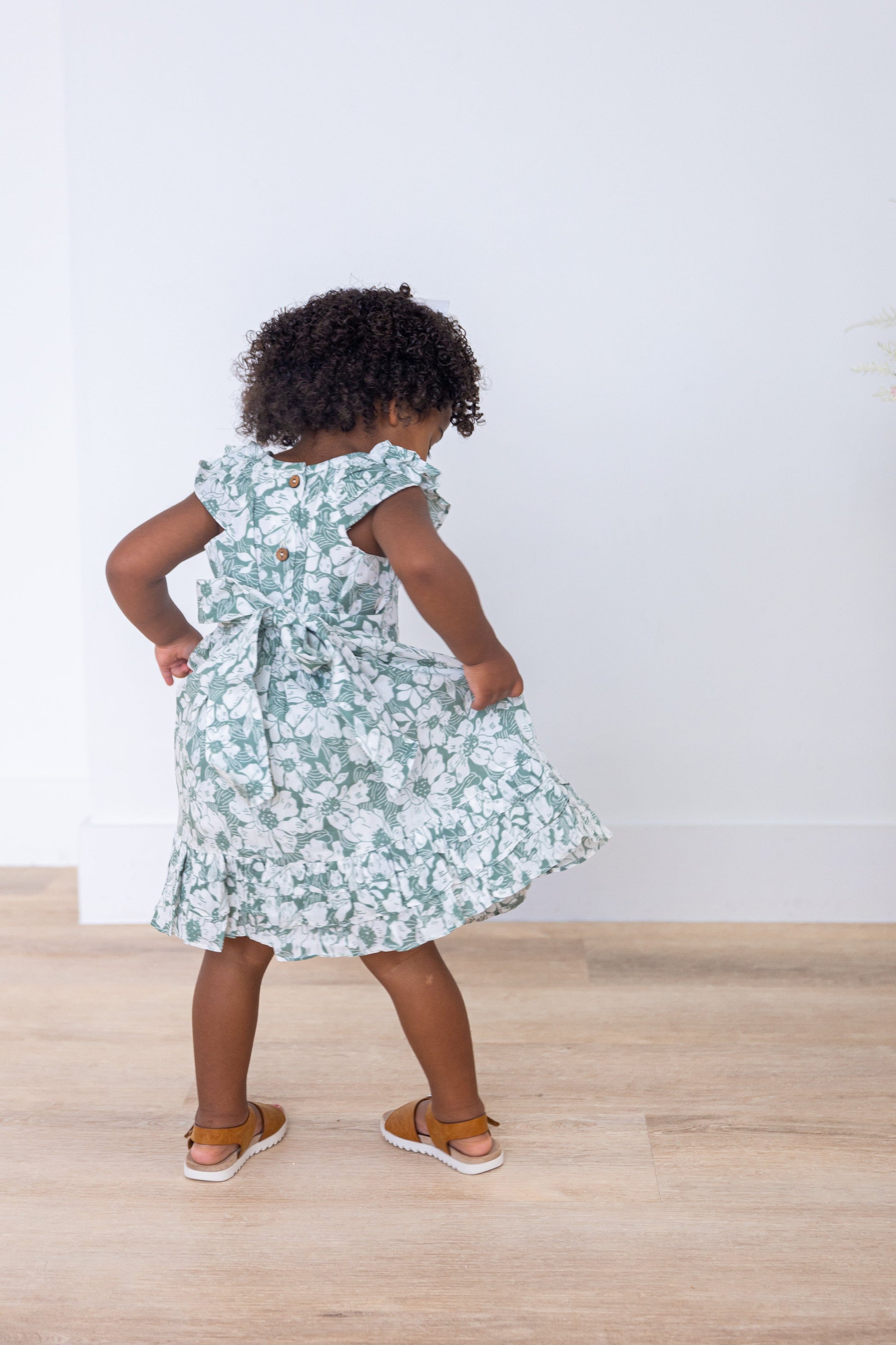 Sage-Green Floral Printed Sleeve & Bottom Ruffle Dress dress & diaper cover Yo Baby India