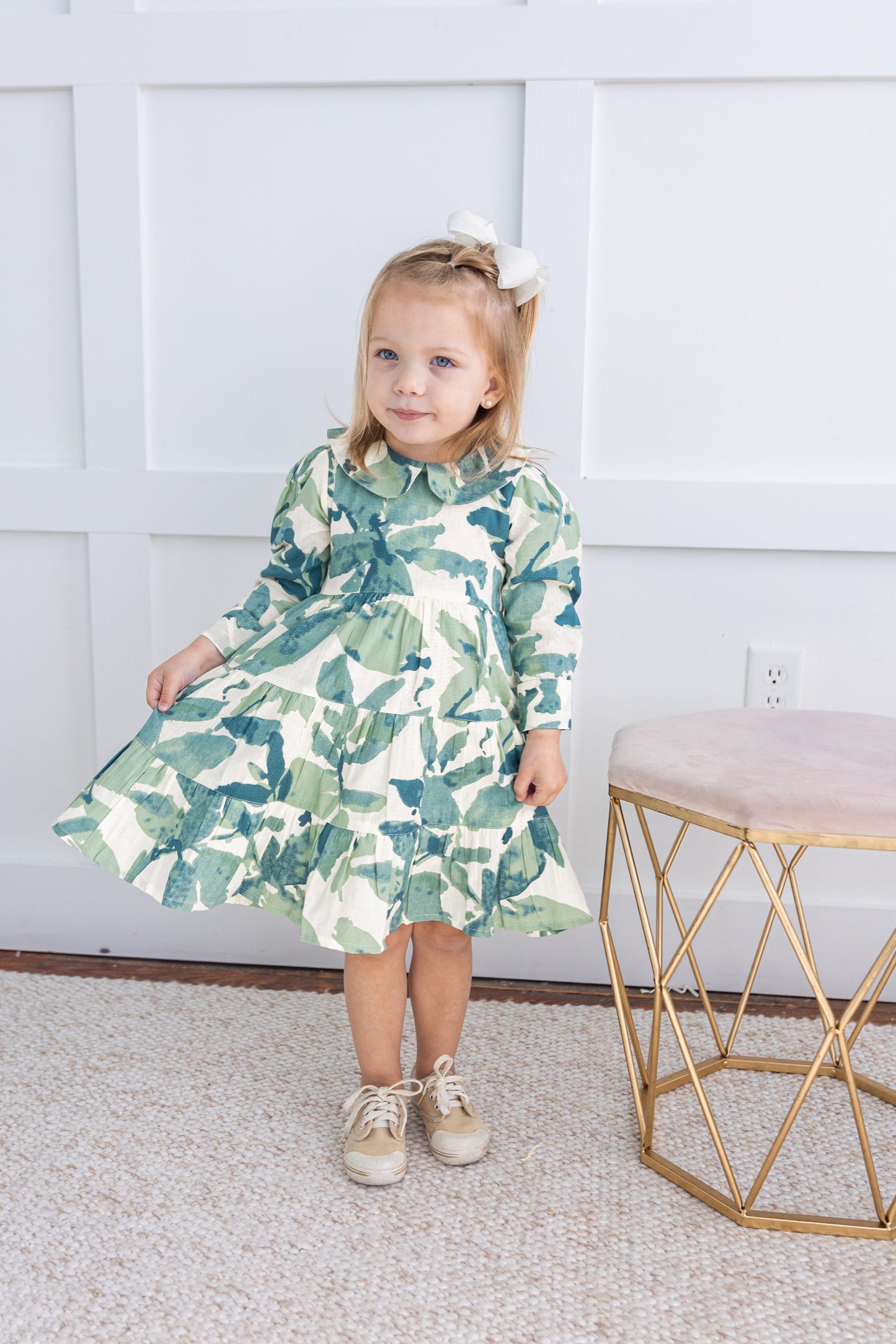 Sage-Green Leaf Printed Peter Pan Collar Tiered Long Sleeve Dress DRESS Yo Baby India