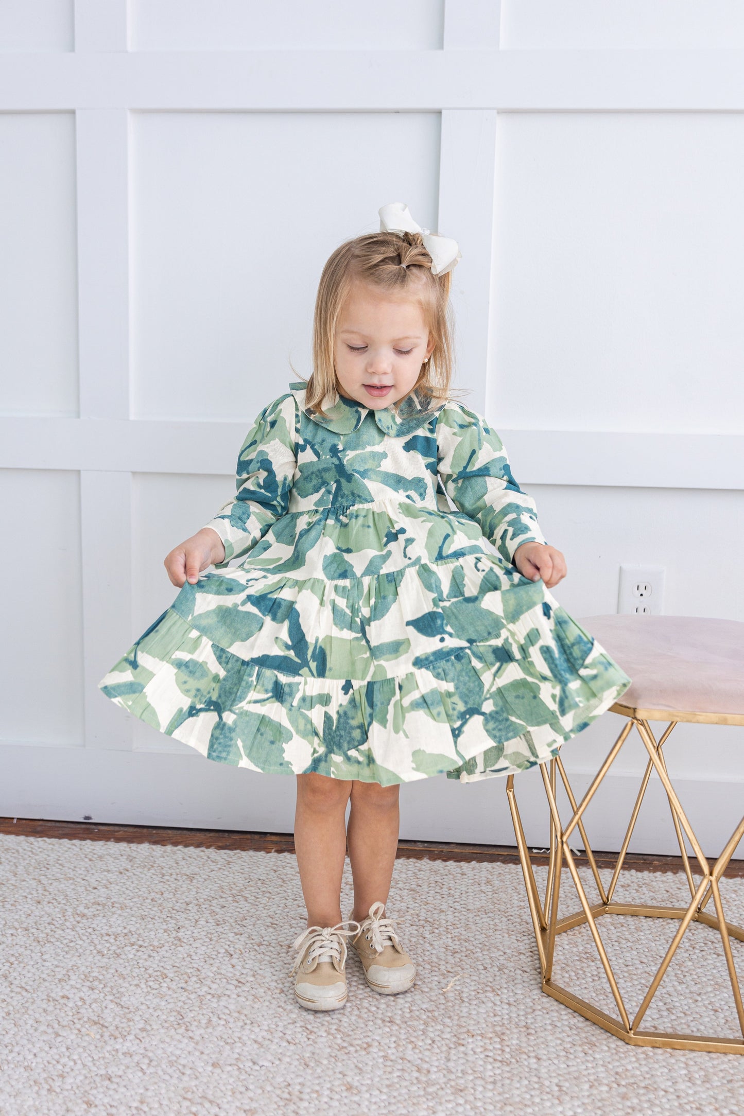 Sage-Green Leaf Printed Peter Pan Collar Tiered Long Sleeve Dress DRESS Yo Baby India