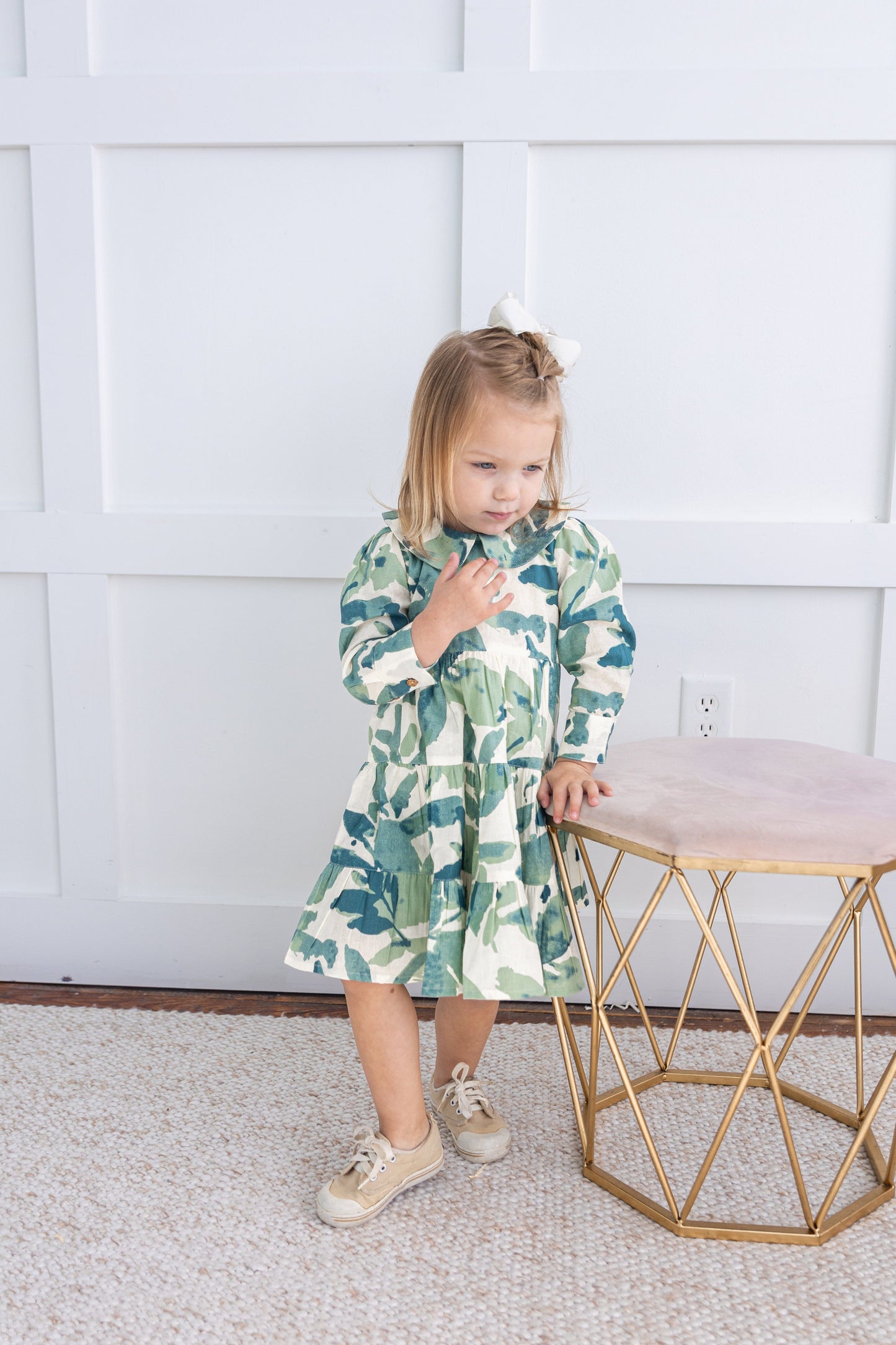 Sage-Green Leaf Printed Peter Pan Collar Tiered Long Sleeve Dress DRESS Yo Baby India