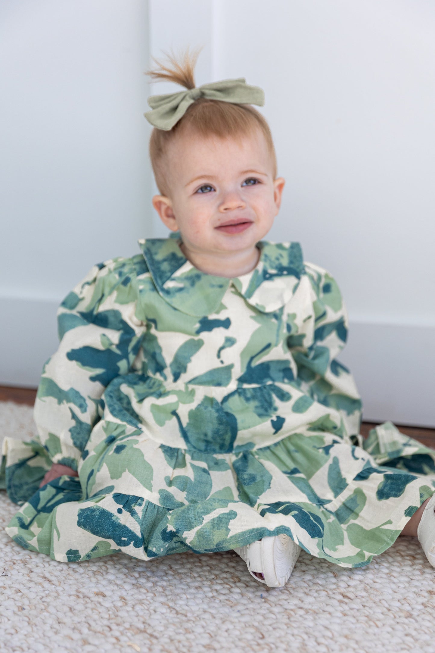 Sage-Green Leaf Printed Peter Pan Collar Tiered Long Sleeve Dress DRESS Yo Baby India