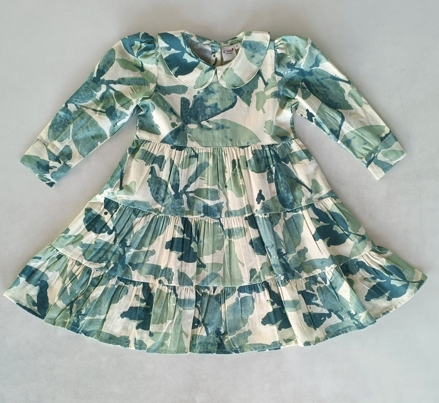 Sage-Green Leaf Printed Peter Pan Collar Tiered Long Sleeve Dress DRESS Yo Baby India