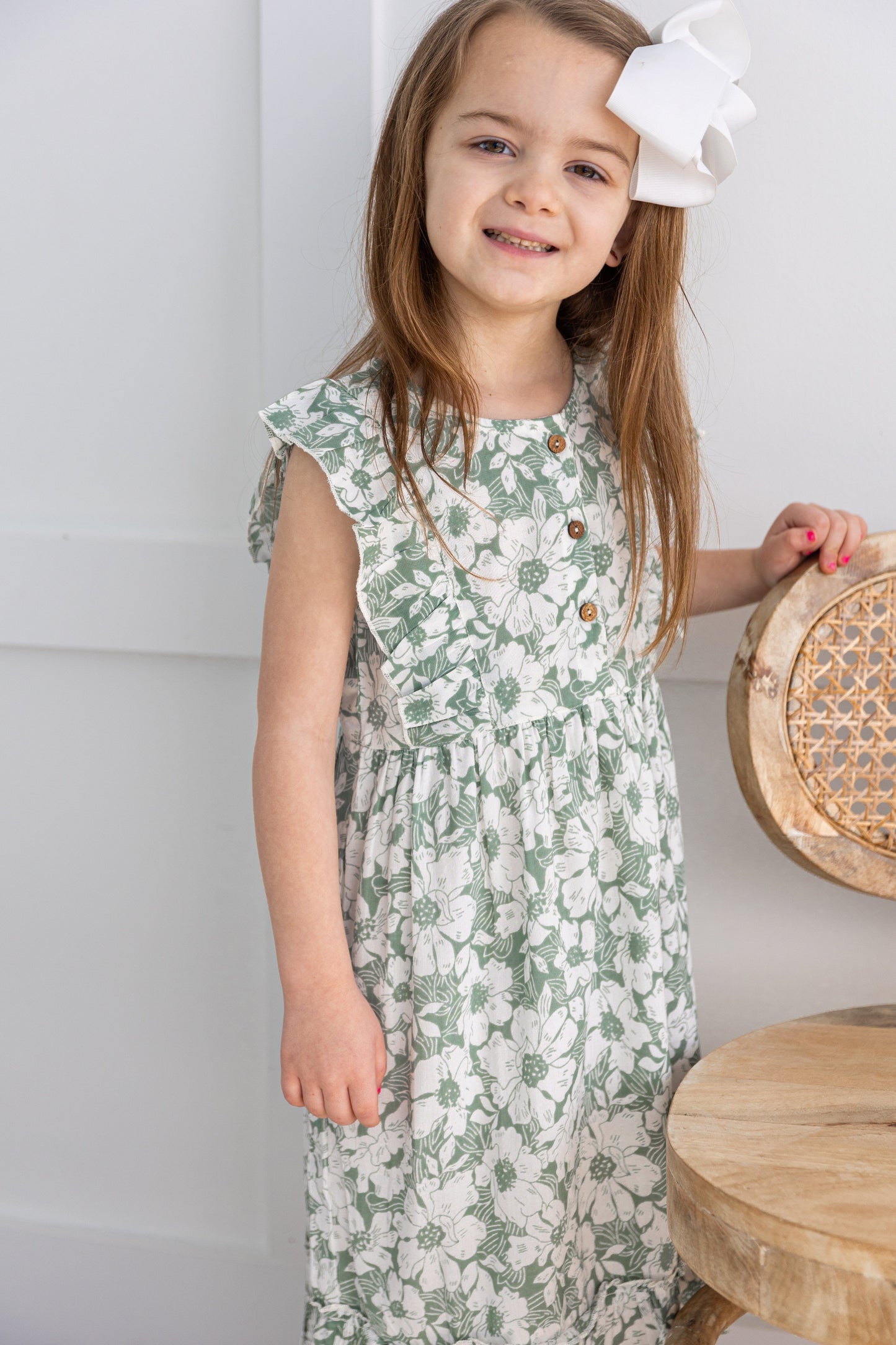 Sage-Green Printed Yoke & Bottom Ruffled Dress dress & diaper cover Yo Baby India