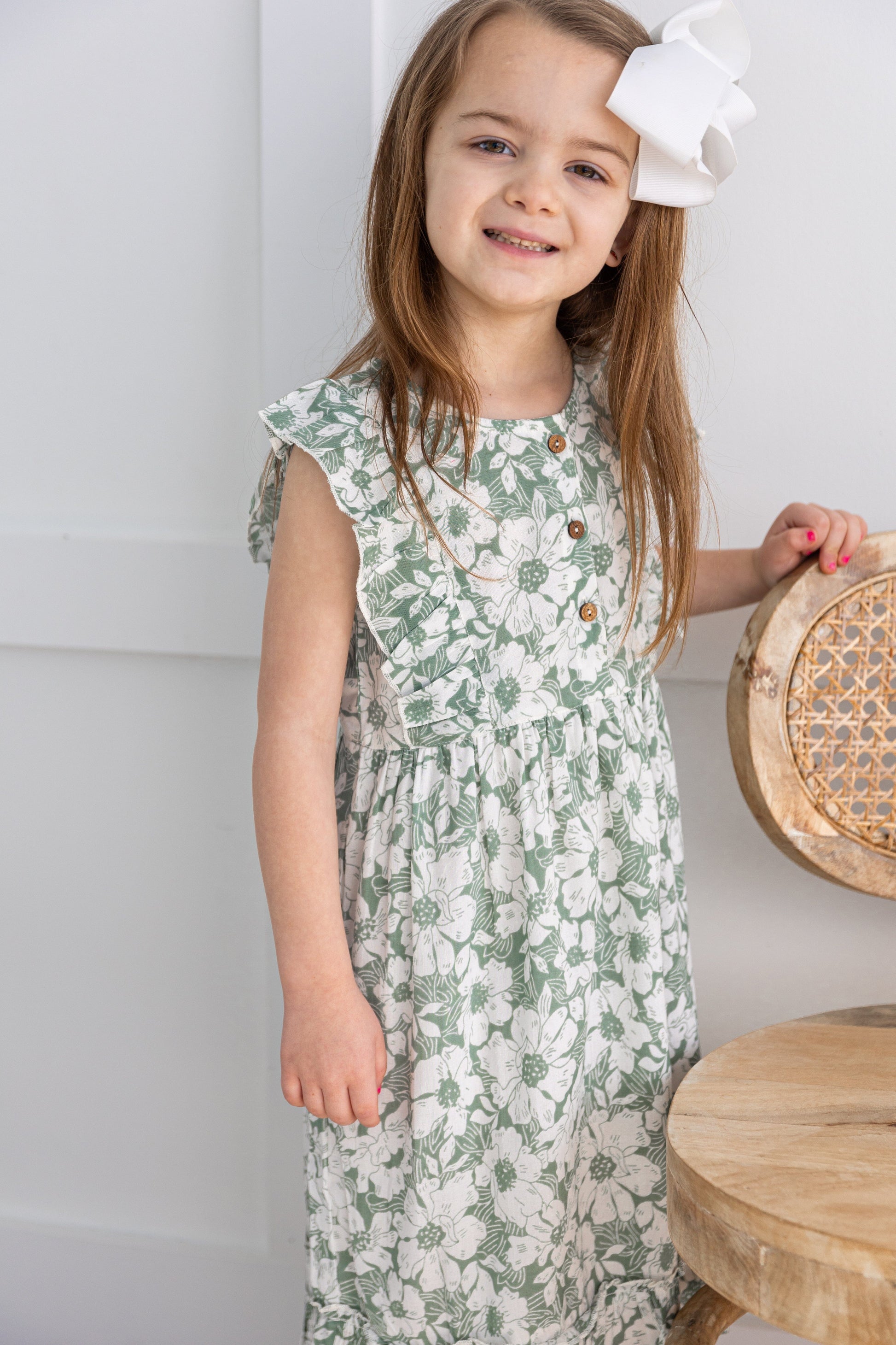 Sage-Green Printed Yoke & Bottom Ruffled Dress dress & diaper cover Yo Baby India